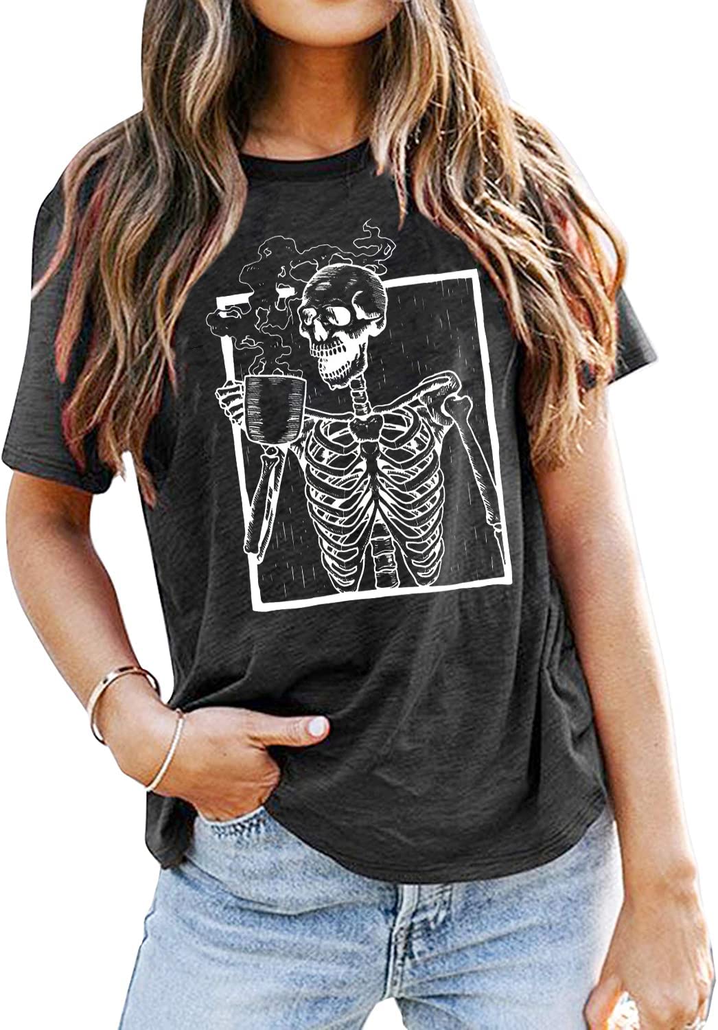 Funny Halloween Skeleton T-Shirt for Women - Skull Graphic Coffee Lover Tee - Casual Short Sleeve Fall Top for Coffee Shops, Costume Parties & Everyday Wear