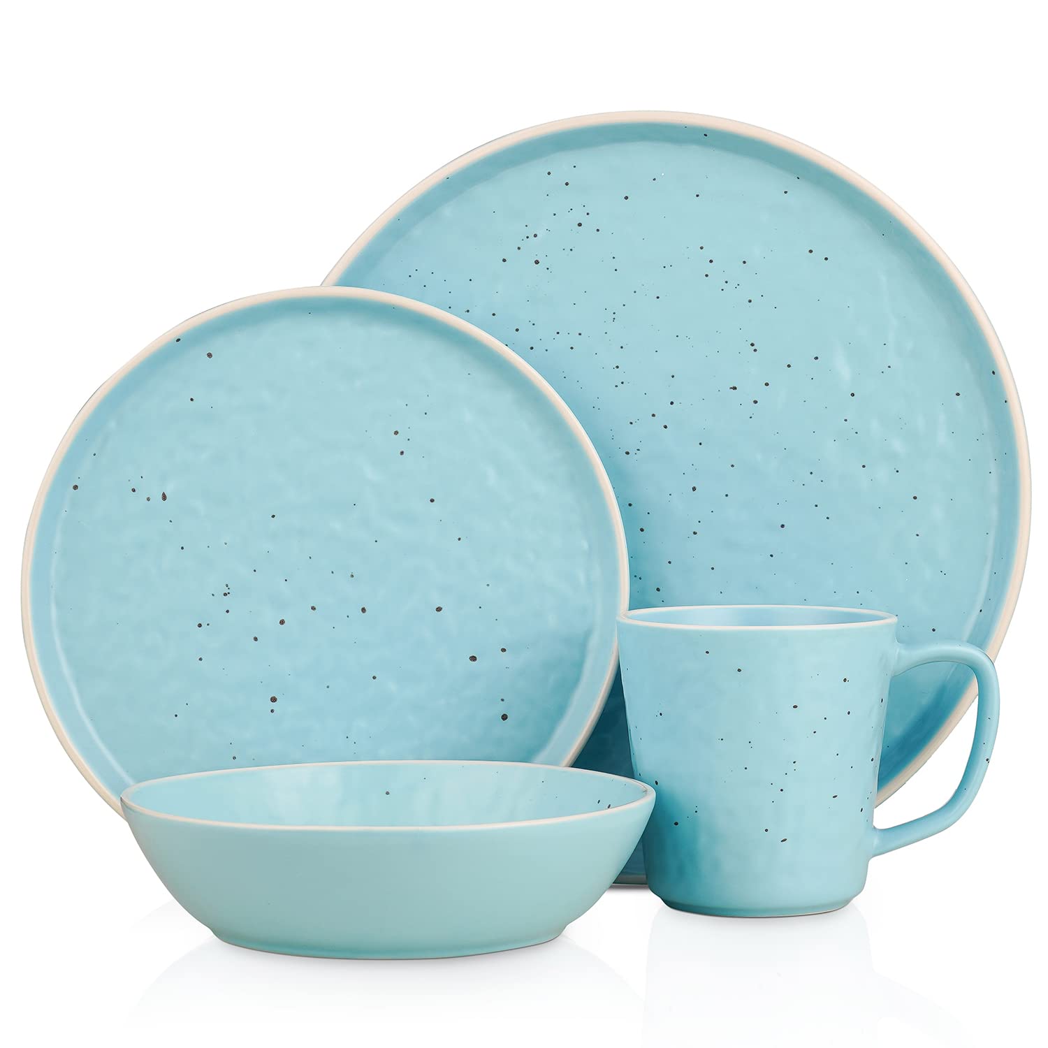 Elena Stoneware 16-Piece Round Dinnerware Set in Blue - Service for 4, Durable Stone Lain Ceramic Plates & Bowls for Everyday Dining, Family Gatherings & Restaurant Use
