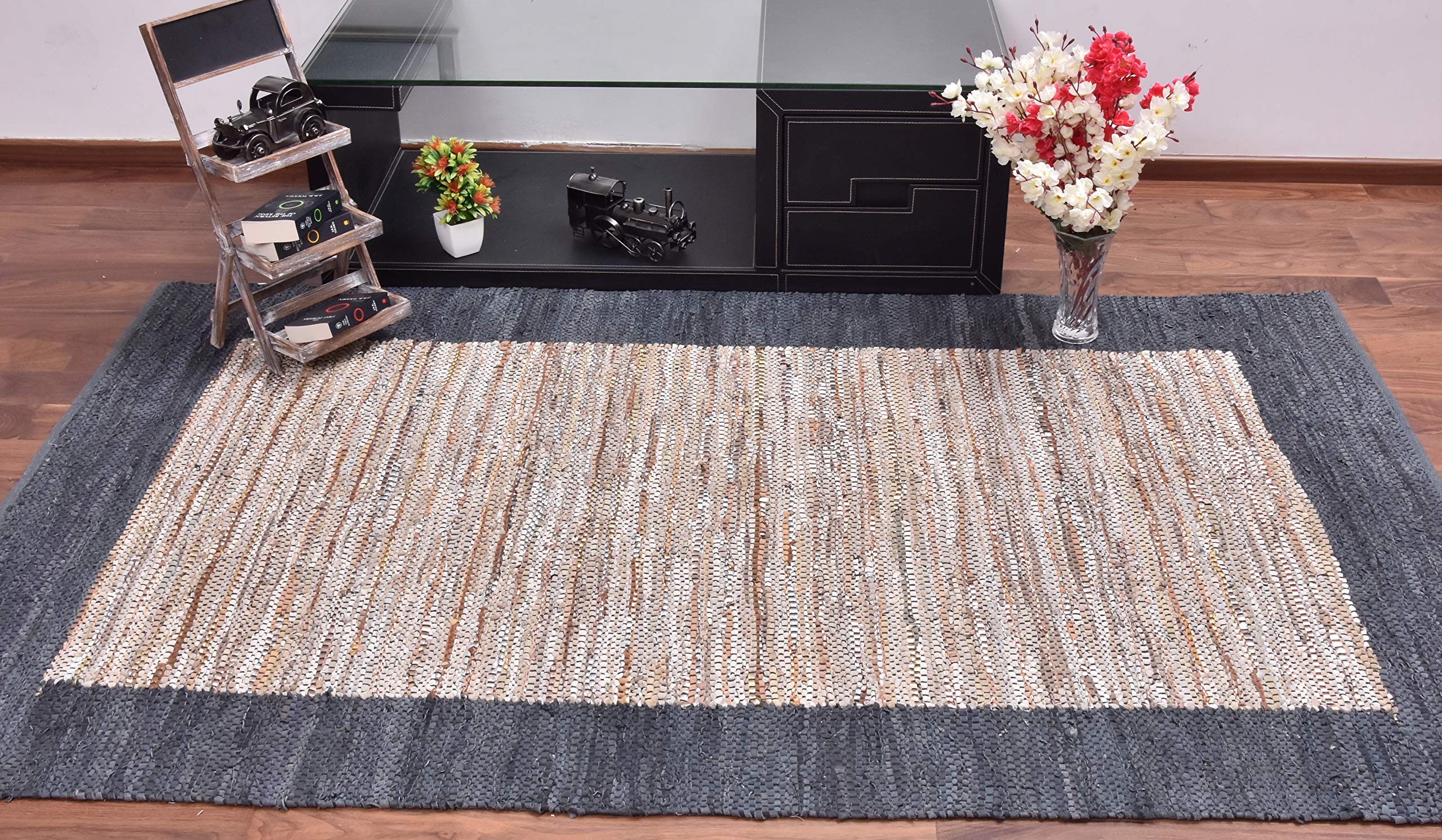 Premium 5x8 FT Flash Leather Beige Area Rug with Grey Border - Soft & Durable for Living Room, Bedroom, or Office Decor