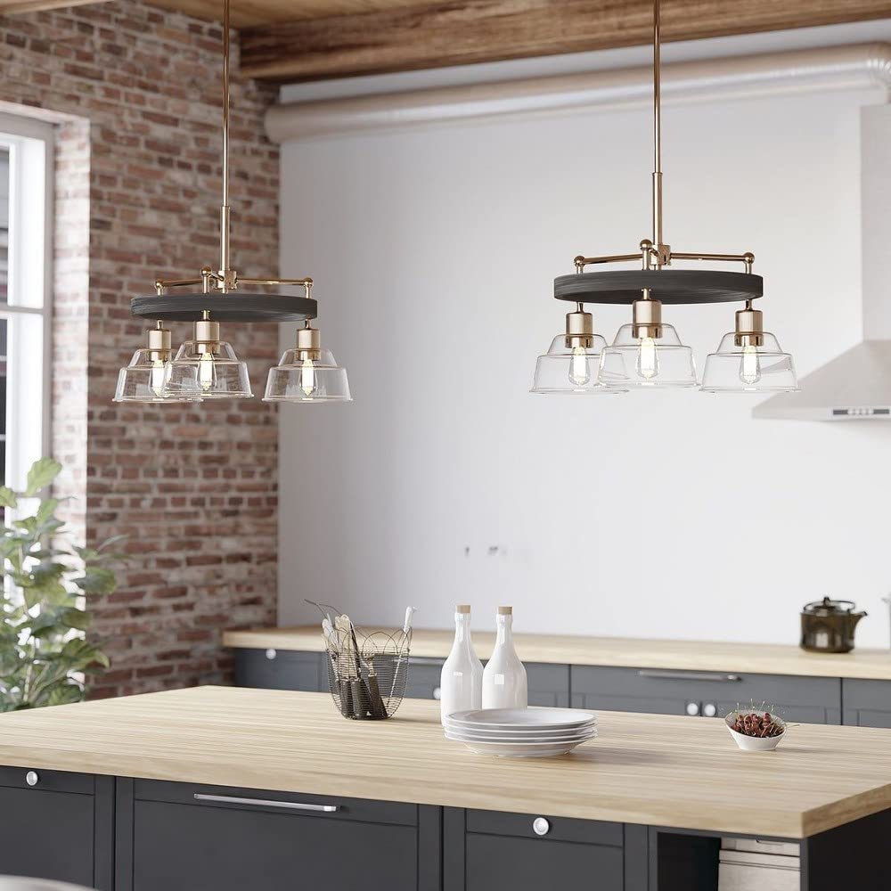 Kichler Eastmont 3-Light Chandelier - Clear Glass Shade, Polished Nickel & Walnut Wood Finish - Perfect for Dining Room, Bedroom or Entryway Lighting