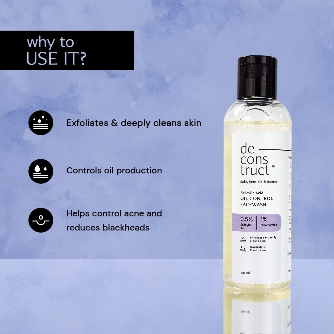 Deconstruct Salicylic Acid Oil Control Face Wash - 0.5% Salicylic Acid & 1% Niacinamide for Oily, Acne-Prone Skin | Gentle Acne Treatment & Oil Balancing Cleanser (100ml) | Perfect for Daily Skincare Routine & Breakout Prevention