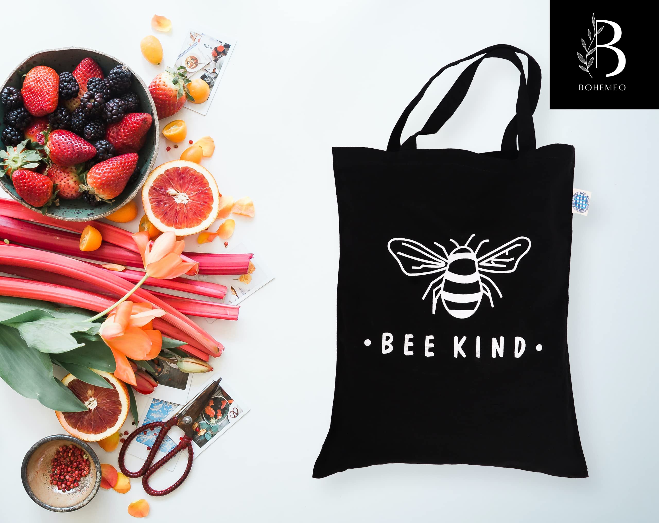 BOHEMEO Reusable Organic Cotton Canvas Tote Bag - Eco-Friendly Fashion Handbag with Stylish Prints for Women, Perfect for Shopping, Beach & Daily Use