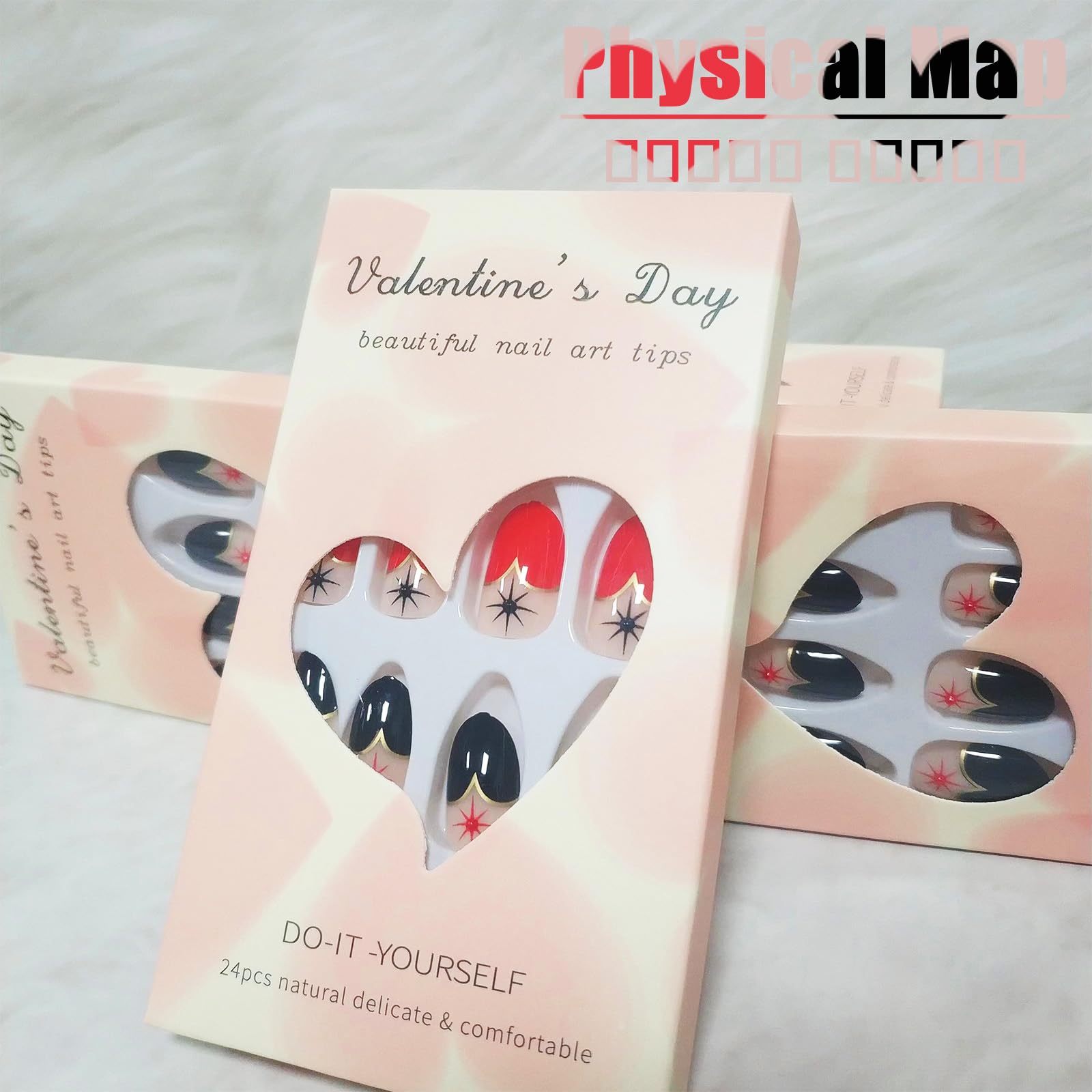 Red & Black Heart French Tip Press On Nails - Short Almond Fake Nails with Punk Design, Glossy Nude False Nails with Pearl Star Manicure Art - Easy Glue On Nails for Women & Girls - Perfect for Parties, Date Nights & Y2K Fashion Looks