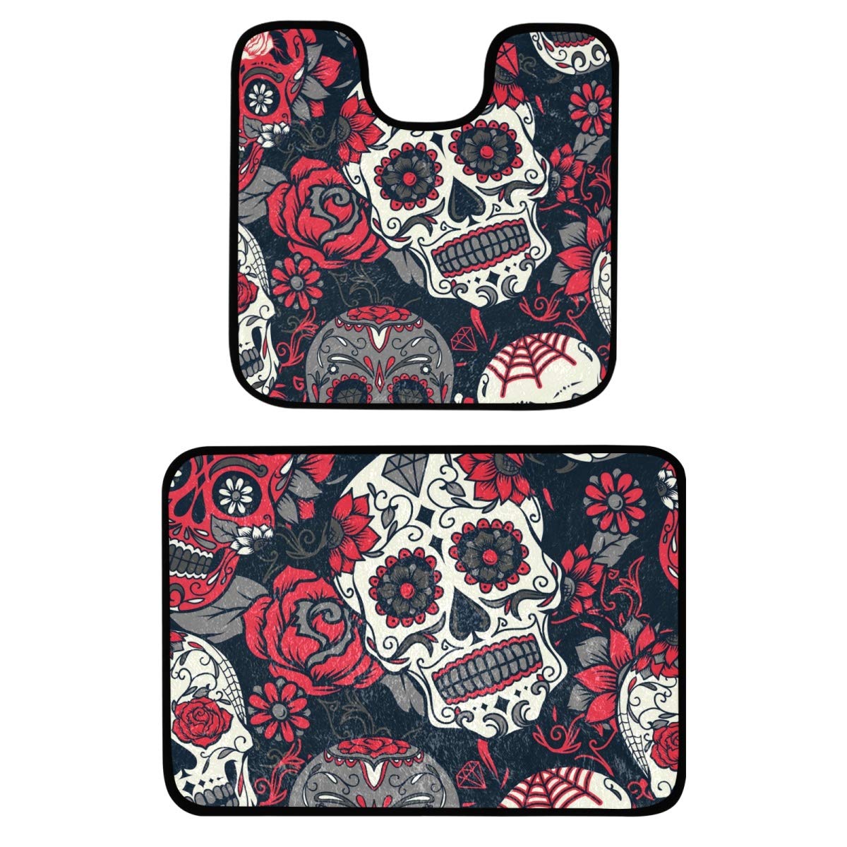 Colorful Sugar Skull Bathroom Rug Set - 2-Piece Anti-Slip U-Shaped Contour Mats (20x20 in) | Absorbent Toilet & Shower Floor Mat with Day of The Dead Design - Perfect for Halloween Decor, Día de Muertos Celebration & Gothic Bathroom Style