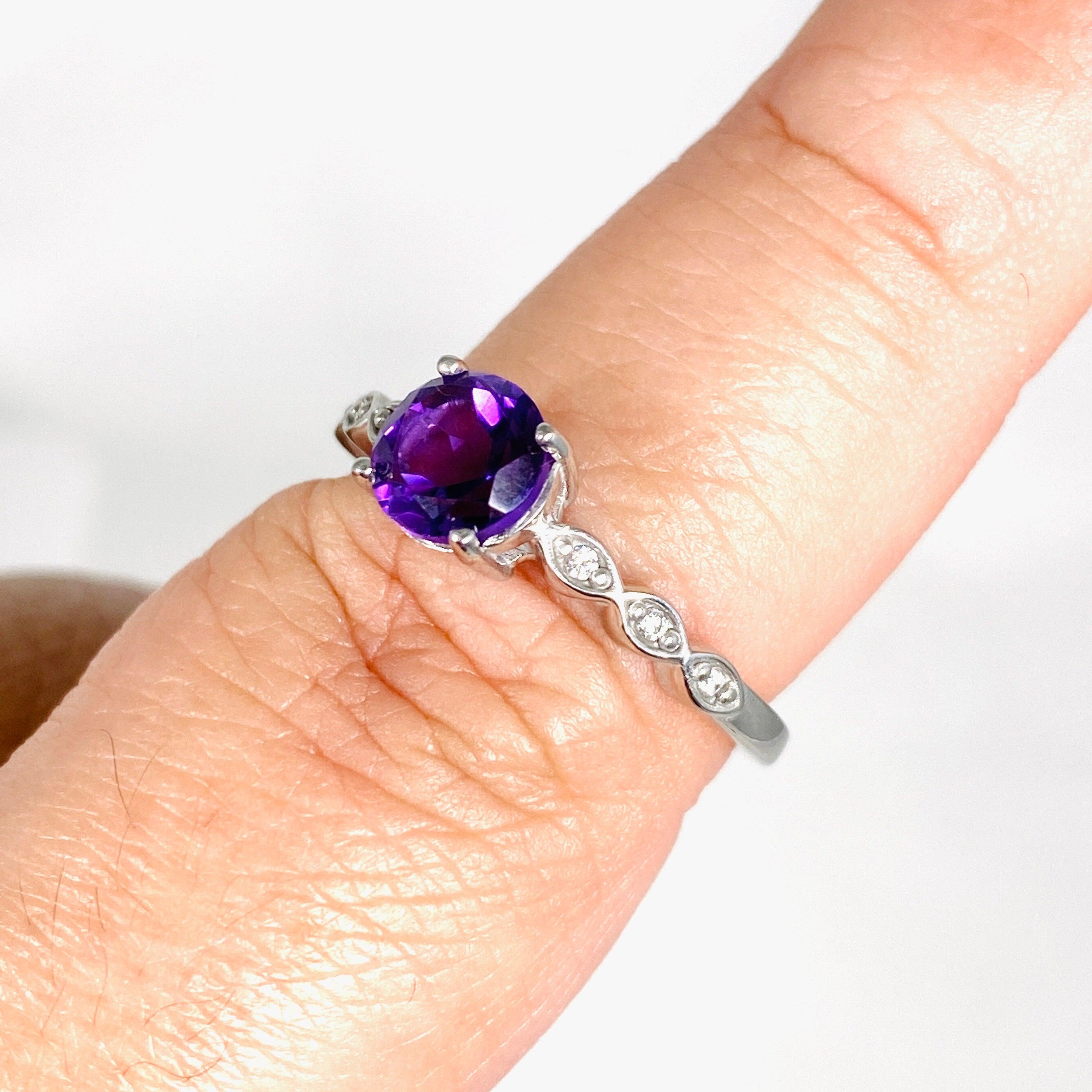 Amethyst Round Faceted Ring with CZ Stones - Size 9 - HRGJ 38 - Elegant Jewelry for Women, Perfect for Weddings, Parties & Special Occasions