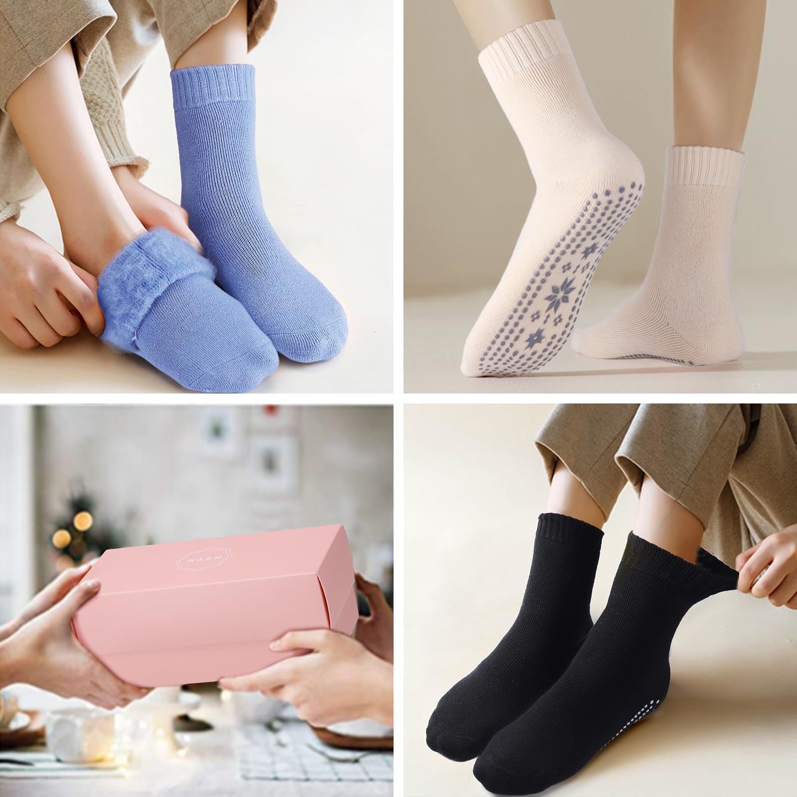 ICEIVY Thermal Slippers for Women - 4 Pairs Cozy Winter Socks with Grips for Home & Hospital Use