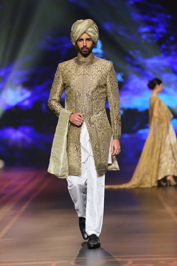 Handwoven Gold Silk Wool Sherwani for Men - Elegant Brown & Black Accented Traditional Indian Wedding Attire | Perfect for Weddings, Festivals & Special Occasions