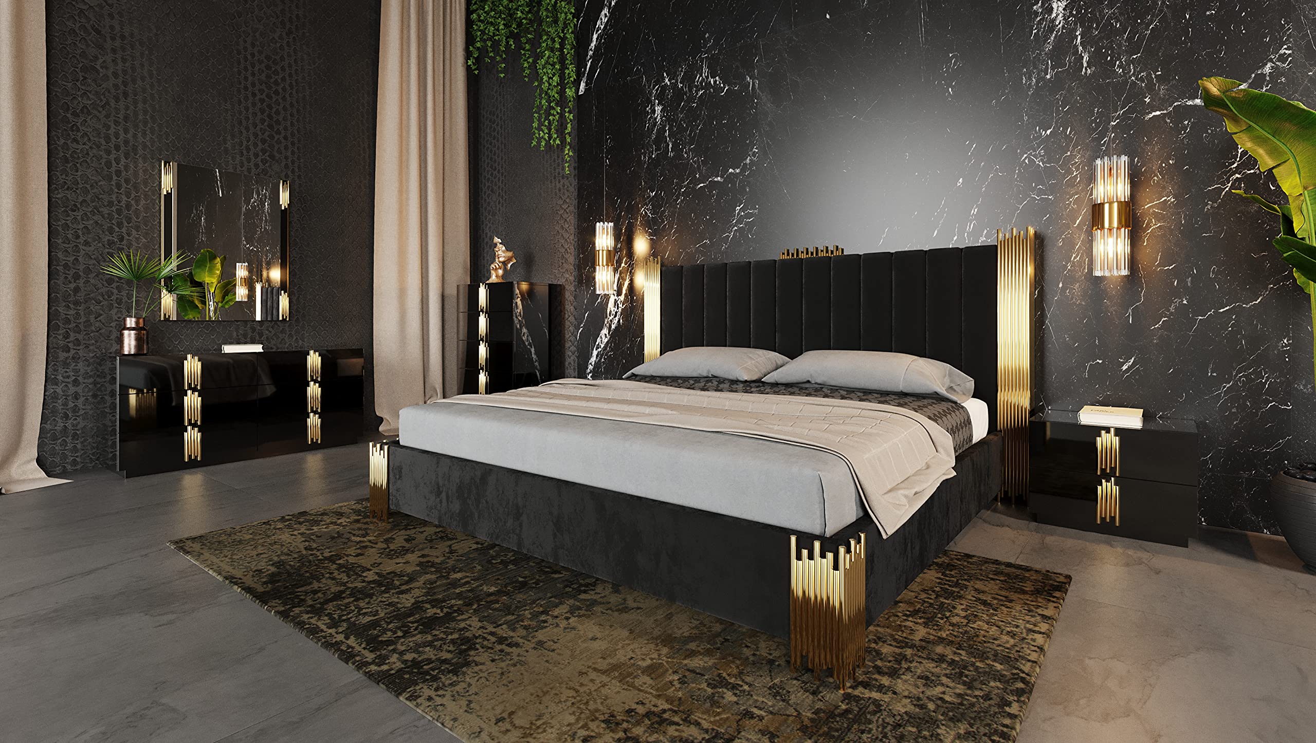 Amiral Collection Modern Velour Upholstered King Bed with Padded Headboard & Stainless Steel Legs - Black & Champagne Gold - Luxurious Bedroom Upgrade for Master Suite or Guest Room