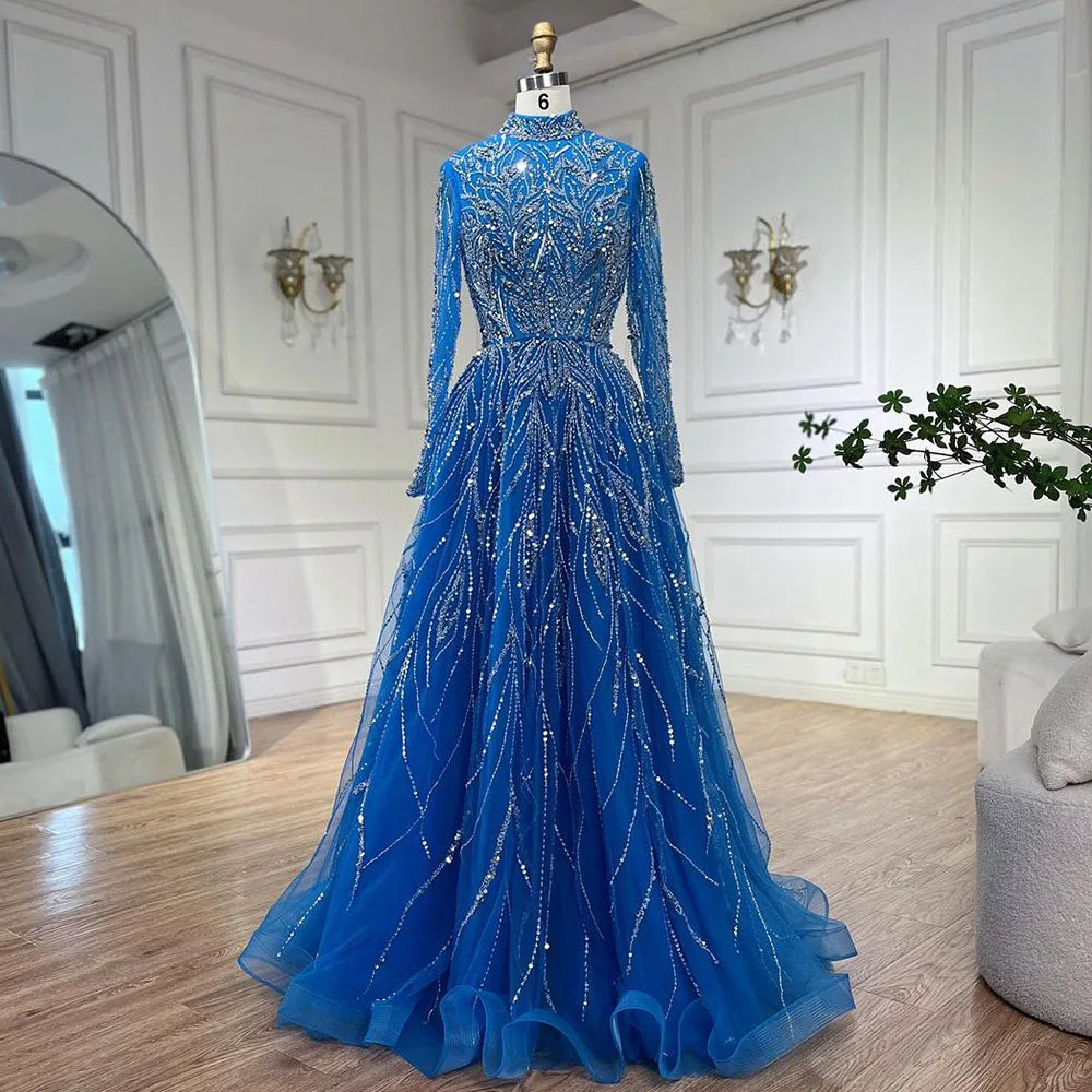 Elegant Blue Beaded A-Line Muslim Evening Dress for Women - Luxury Dubai Abaya Gown for Wedding, Party & Special Occasions | Serene Hill Collection 2025 LA72302A | Perfect for Formal Events, Evening Galas & Bridal Showers