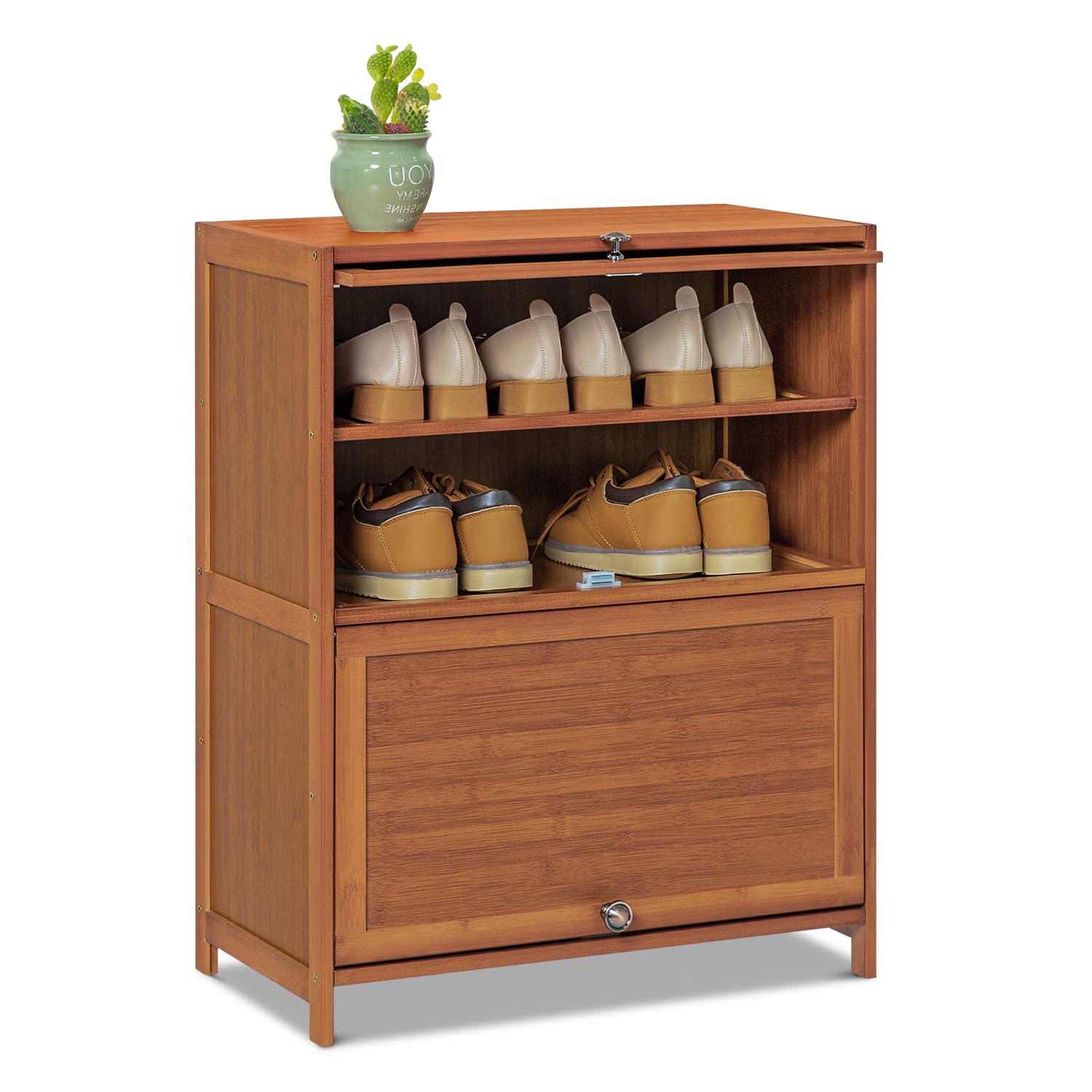 MoNiBloom 4-Tier Bamboo Shoe Storage Cabinet - Free Standing Shoe Rack Organizer with Flip Doors for 9-12 Pairs - Space Saving Entryway, Hallway, Bedroom & Office Organization - Perfect for Small Spaces & Closet Storage