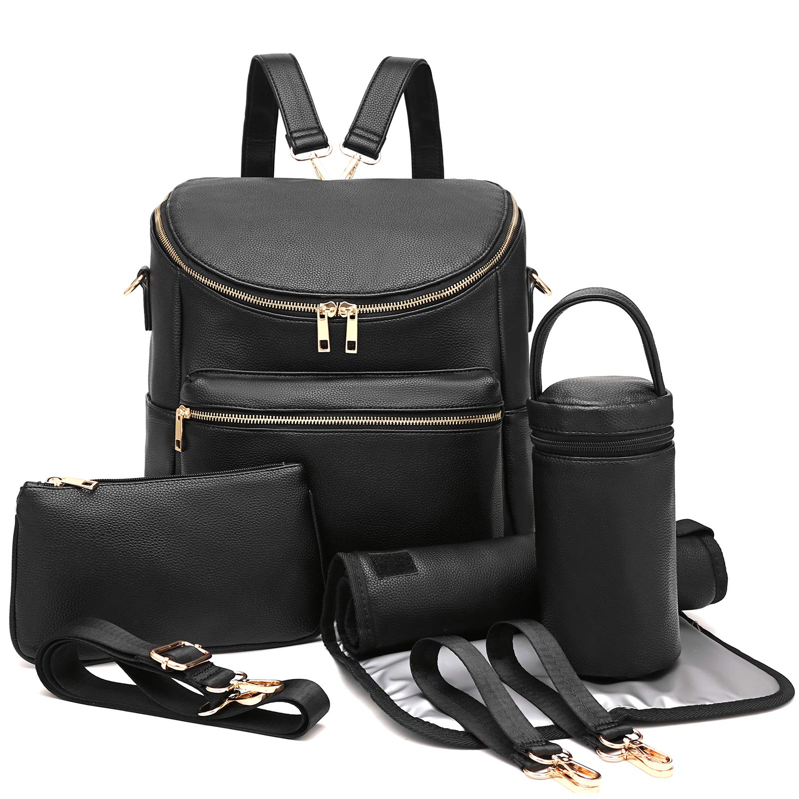 Premium Leather Diaper Backpack for Women - Large Travel Baby Bag with Trolley Straps, Wet Pocket & Insulated Bottle Pockets (Black) - Perfect for Moms on the Go, Air Travel & Daily Outings