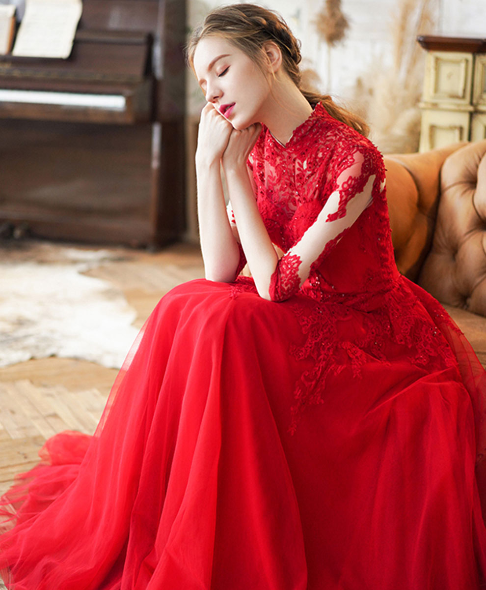 Elegant Red High Neck Tulle Lace Long Prom Dress - Formal Evening Gown for Homecoming, Ball, Wedding & Special Occasions