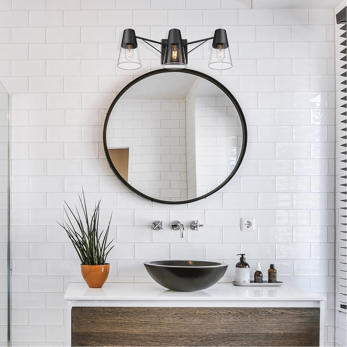 Golden Lighting Ryker 3-Light Bathroom Vanity Light Fixture - Matte Black Metal with Clear Glass Shades - Perfect for Modern Bathrooms, Powder Rooms & Spa Retreats