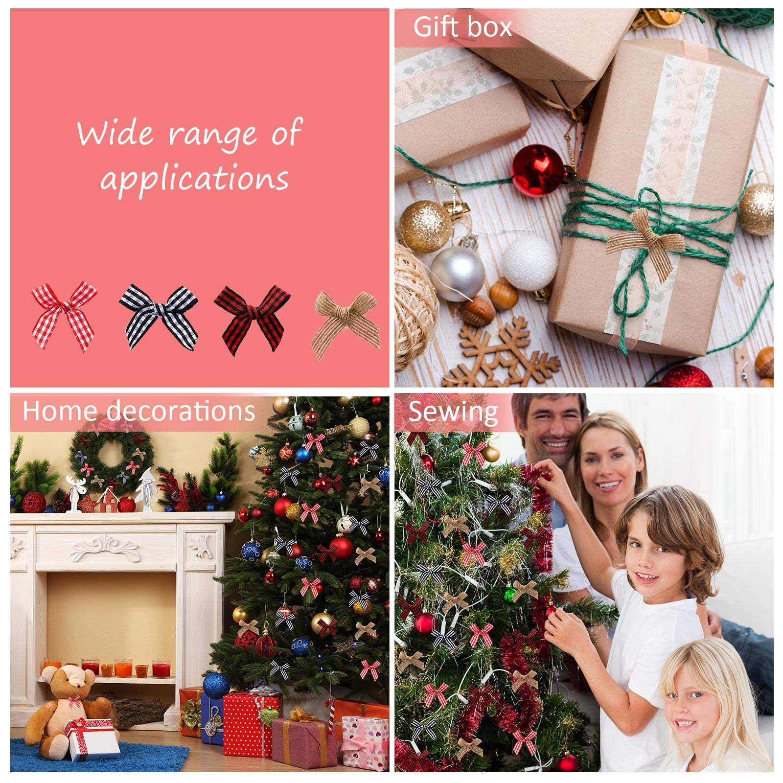 Christmas Mini Bows 80pcs - Buffalo Plaid Bows in Red, White & Black for Tree Decor & Crafts