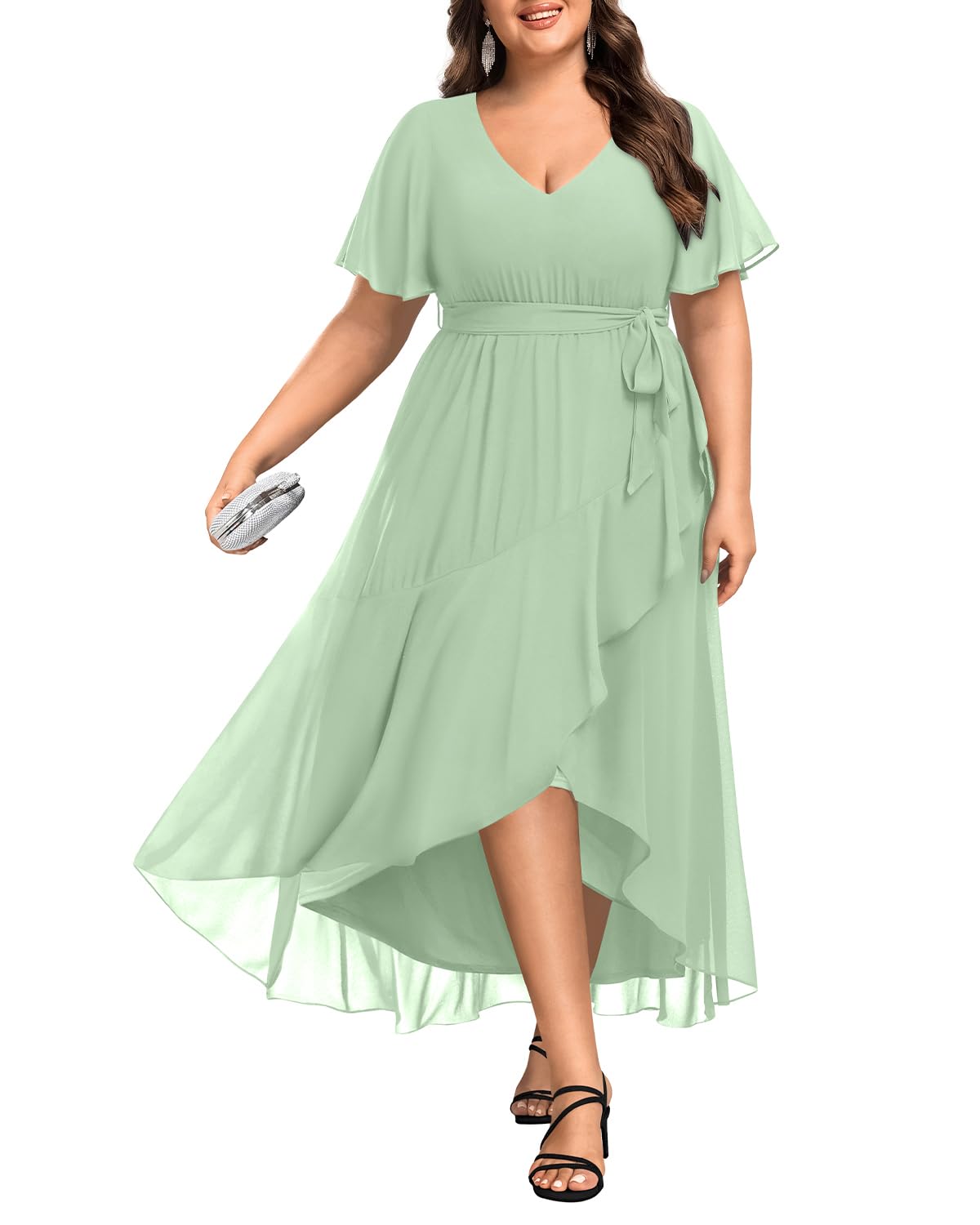 Elegant Plus Size Long Chiffon Dress with High Low Split & Ruffle - Women's Formal Maxi Dress for Evening, Wedding Guest & Bridesmaid Occasions