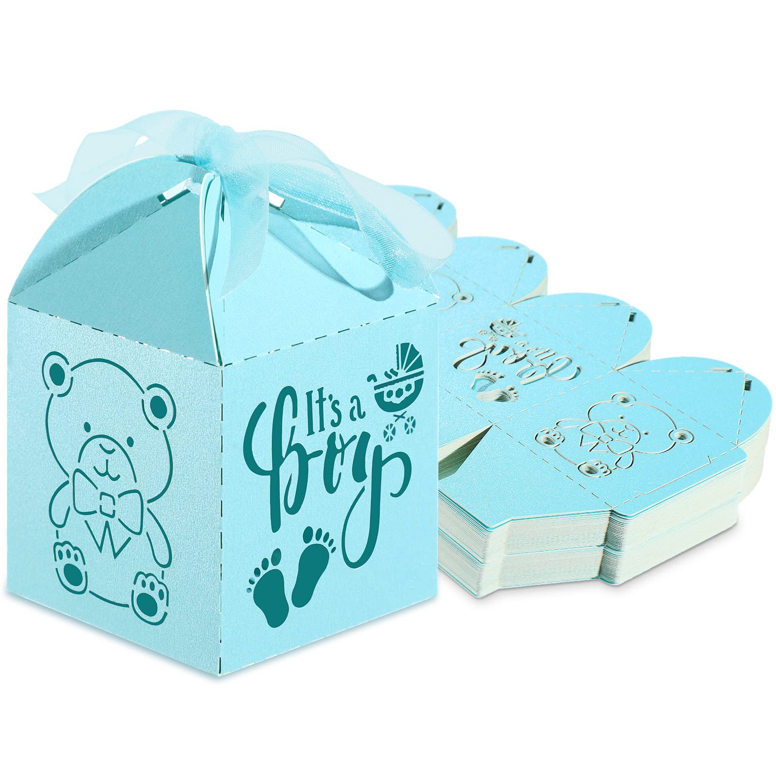 50 Pack Blue Teddy Bear Favor Gift Boxes for Baby Shower Decorations - Gender Reveal Party Supplies - It's a Boy Baby Shower Treat Bags for Candy, Goodies & Paper Gifts - Perfect for Baby Showers, Gender Reveal Parties & Newborn Celebrations
