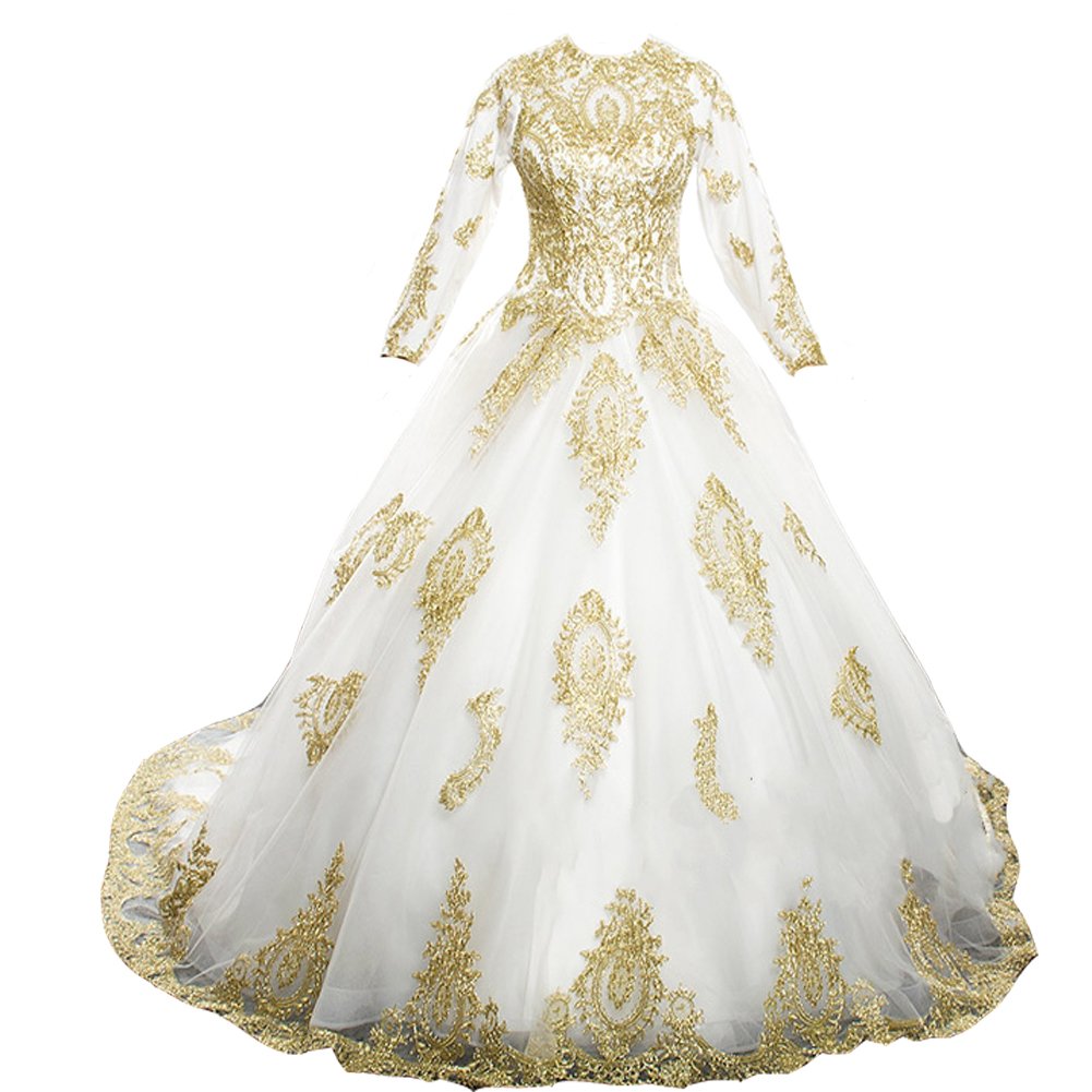 Kivary® Vintage Sheer Long Sleeve High Neck Ball Gown Gold Lace Prom Wedding Dress for Women - Elegant Formal Evening Gown for Homecoming, Bridal Shower, and Special Occasions