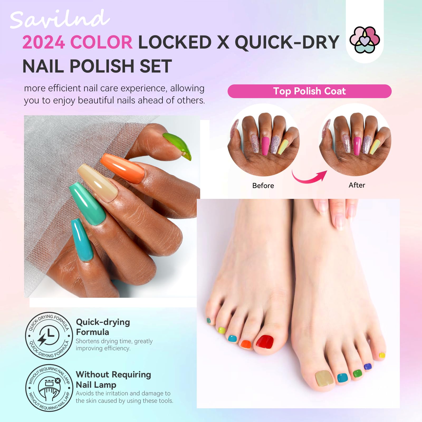 SAVILAND 36pcs Nail Polish Set - Rainbow Colors & Glitter for DIY Manicure at Home