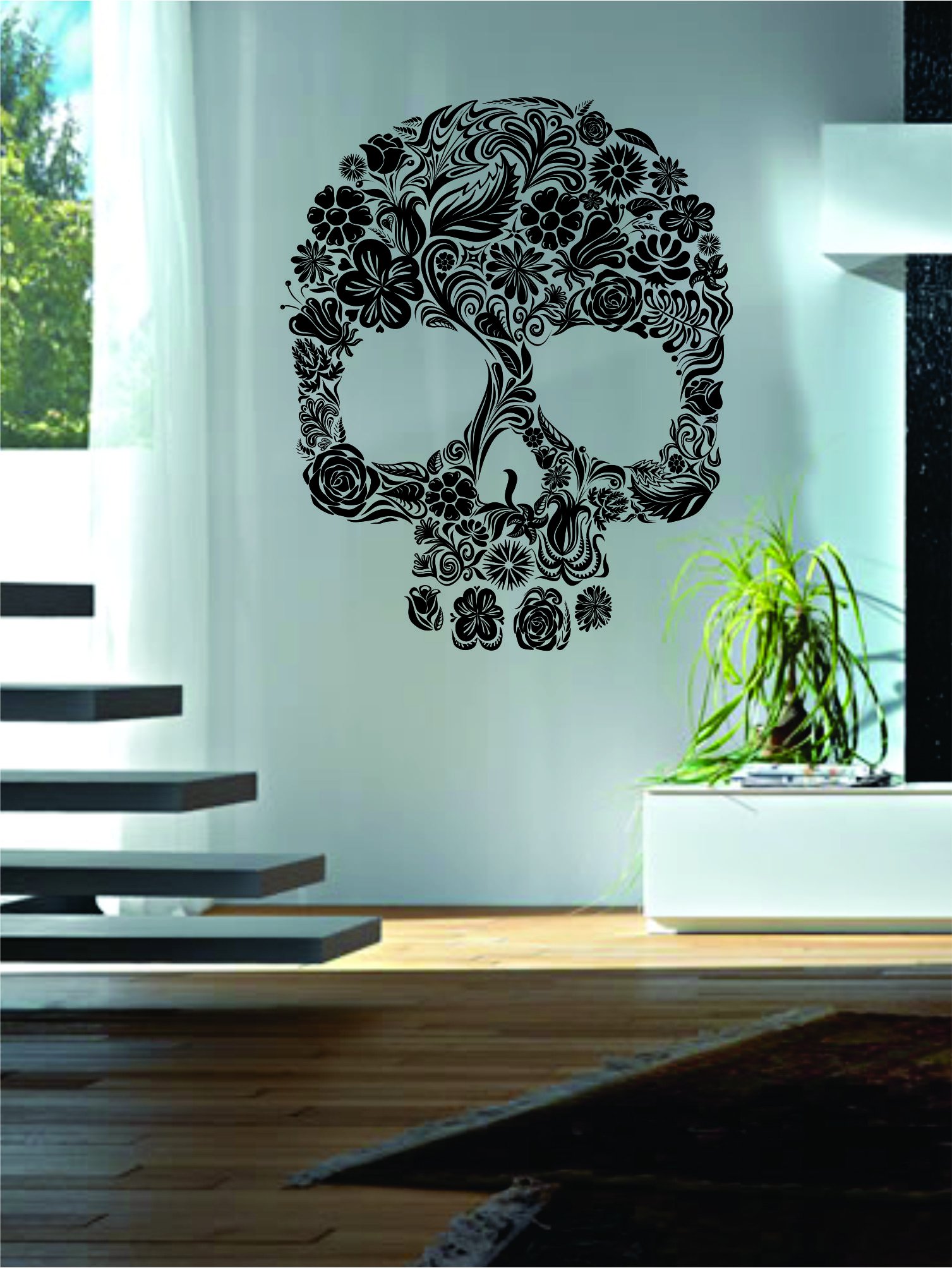 Floral Skull Decal Sticker - Day of The Dead Wall Art Vinyl - Sugar Skull Decor for Living Room, Bedroom, Dorm - Gothic Boho Home Decor for Halloween & Dia de Muertos Celebration