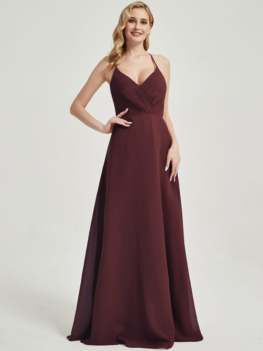 Elegant Cabernet Pleated Halter V-Neck Backless Maxi Chiffon Bridesmaid Dress - Perfect for Weddings, Formal Events & Evening Parties