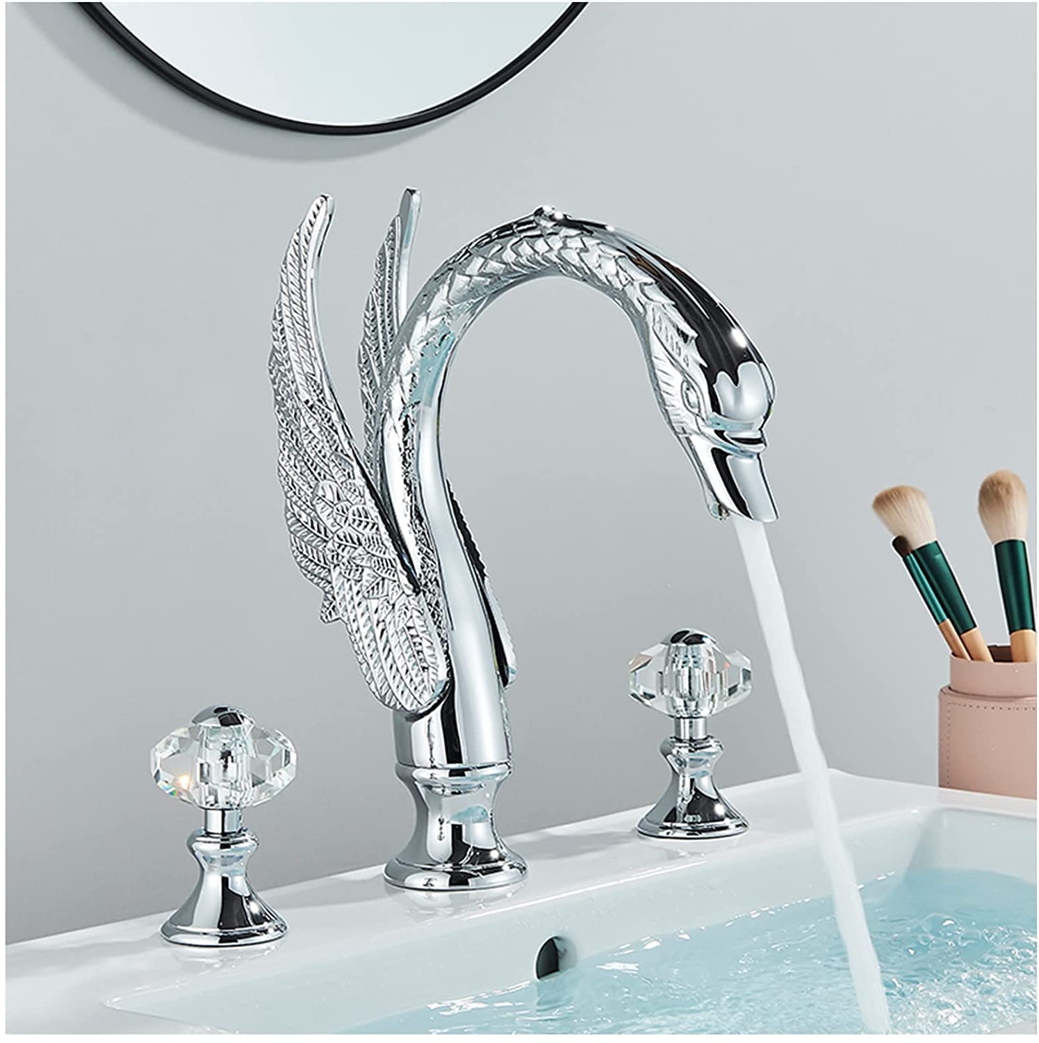 Premium Swan Neck Bathroom Faucet - Elegant Glass Knob Brass Vessel Sink Faucet with Dual Handles for Bathroom Vanity - Perfect for Modern and Vintage Home Decor