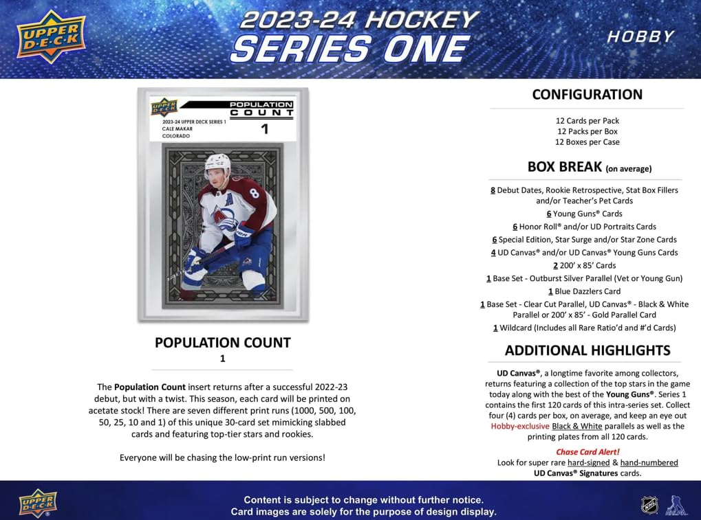 2023-24 Upper Deck Series 1 Hockey Hobby Box - 12 Packs (12 Cards Each) | NHL Trading Cards Collection for Collectors & Fantasy Sports Enthusiasts