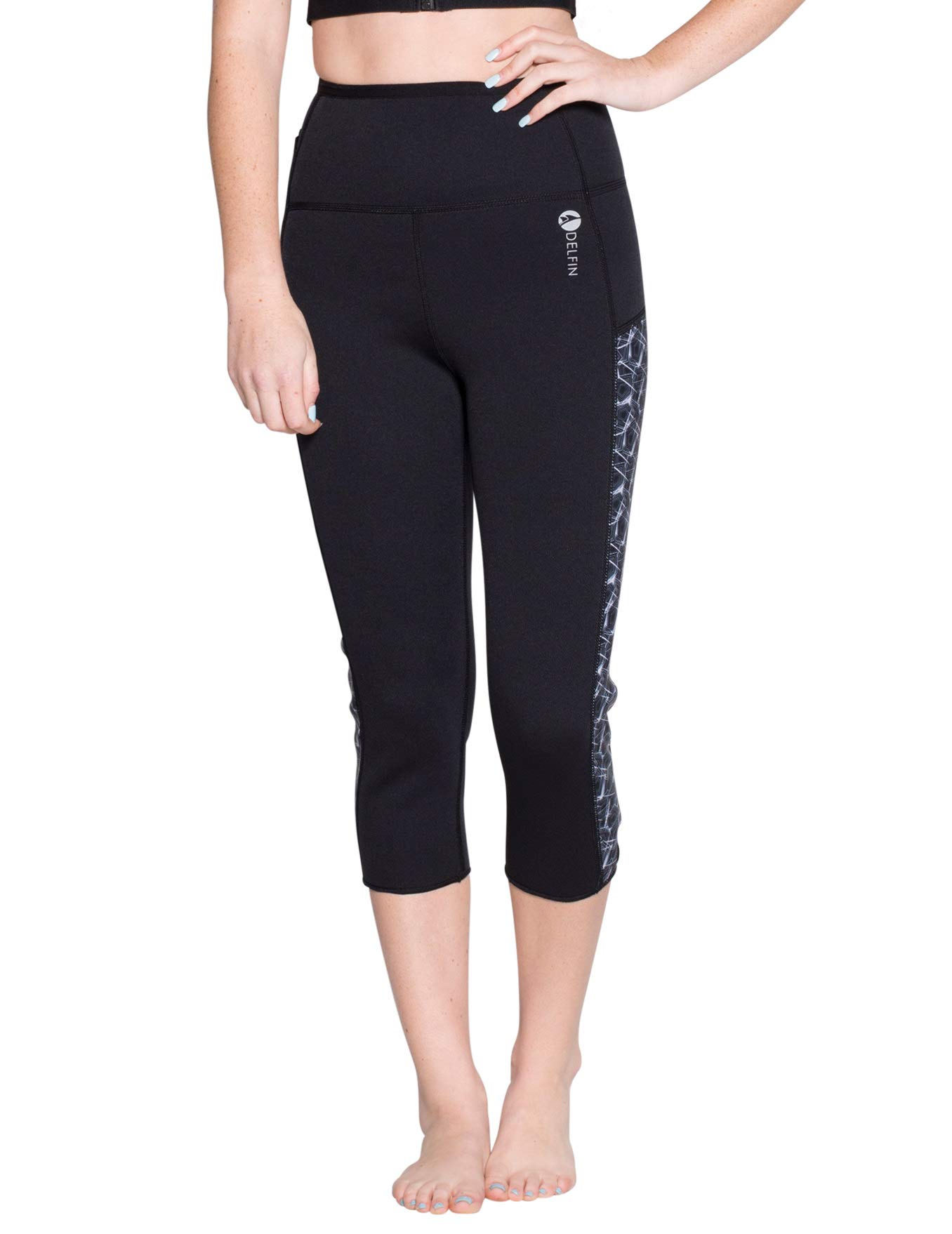 Delfin Spa Women's Neoprene Workout Capris - Thermal Heat Retention & Waist Tummy Control for Yoga, Pilates & Gym Training - High Waist Slimming Leggings for Women