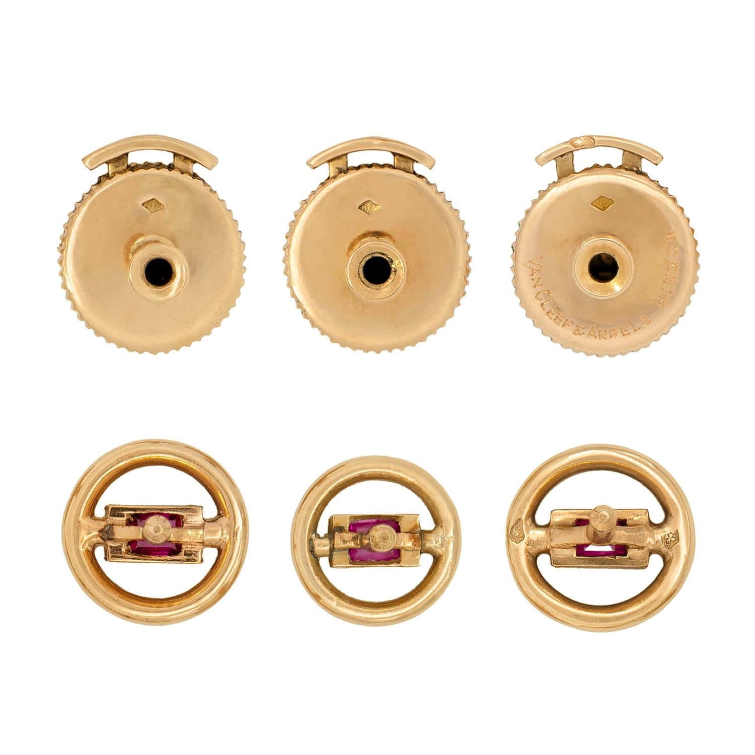 VAN CLEEF & ARPELS Vintage 18k Gold Ruby Cufflinks & Buttons Set - Luxury Men's Jewelry for Weddings, Business & Formal Events
