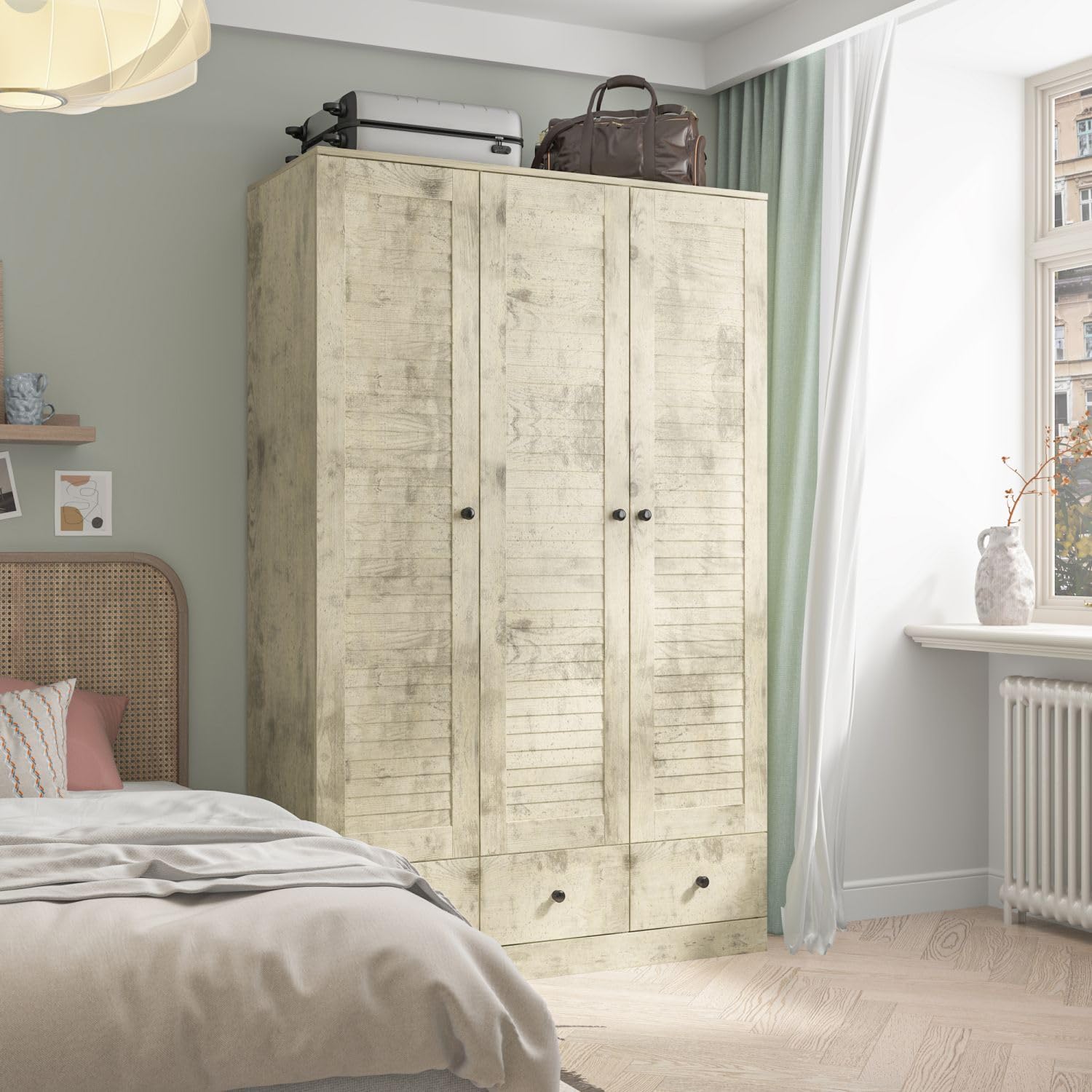 MOUMON 3-Door Wardrobe Closet with Shelves, 3 Drawers & Hanging Rod - 44.3