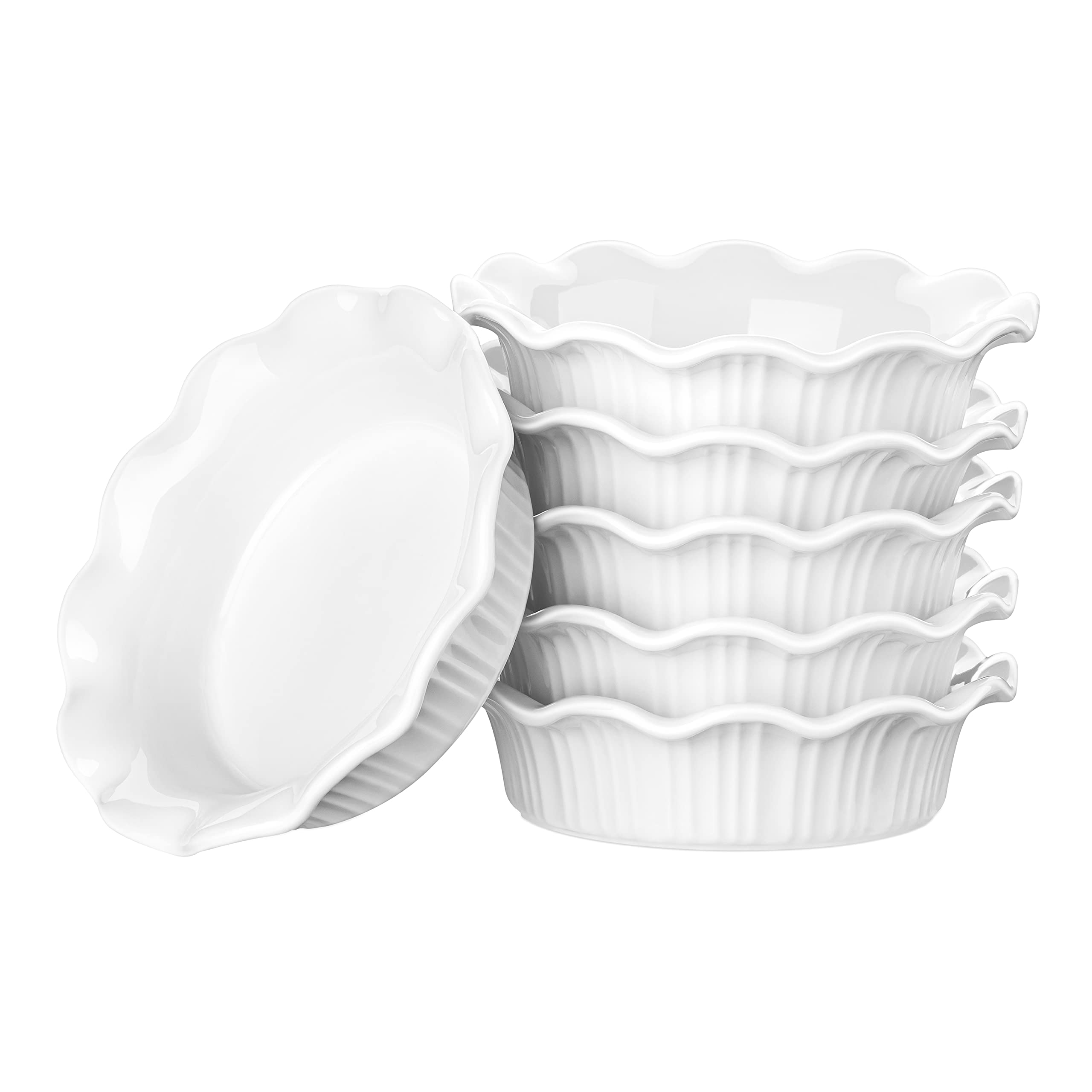 LOVECASA 8 Oz Shallow Creme Brulee Ramekins - 5.5 Inches Mini Pie Pans for Baking, Oven Safe Souffle Dishes - Perfect for Apple Pie, Quiche, Pot Pies, Tart & Desserts - Elegant Ruffled Edge Design - Ideal for Home Baking, Dinner Parties & Holiday Cooking