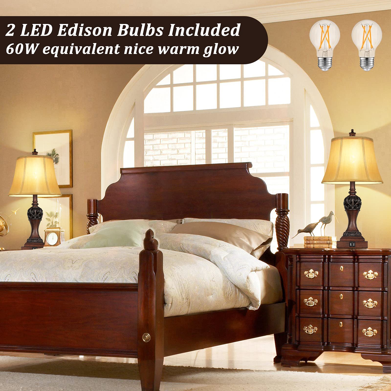 2-Pack Touch Control 3-Way Dimmable Table Lamps with USB Charging Ports - Traditional Bedside Lamps with Bell-Shaped Faux Silk Shade & Brown Base for Bedroom, Nightstand, Living Room (LED Bulbs Included) - Perfect for Reading, Relaxing & Charging Devices
