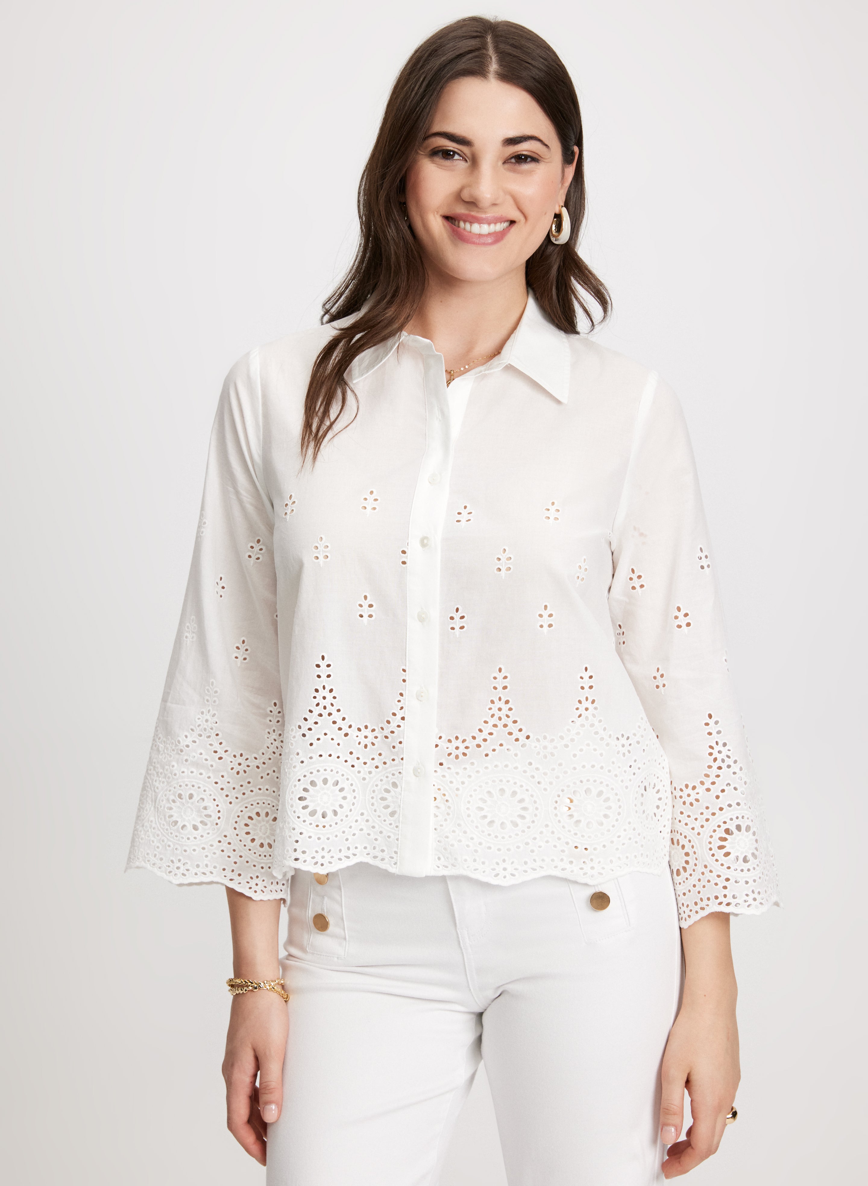 Elegant Eyelet Detail Button Down Blouse for Women - Stylish Office & Casual Wear - Perfect for Work, Dates & Summer Outfits