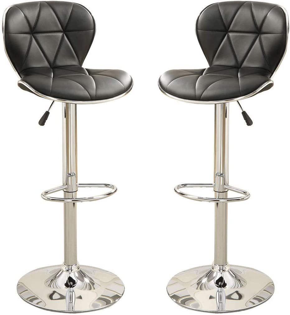 Black Faux Leather Counter Height Bar Stools Set of 2 - Adjustable Height Kitchen Island Stools with Gas Lift & Chrome Base - Perfect for Breakfast Bars, Kitchen Islands & Home Bars