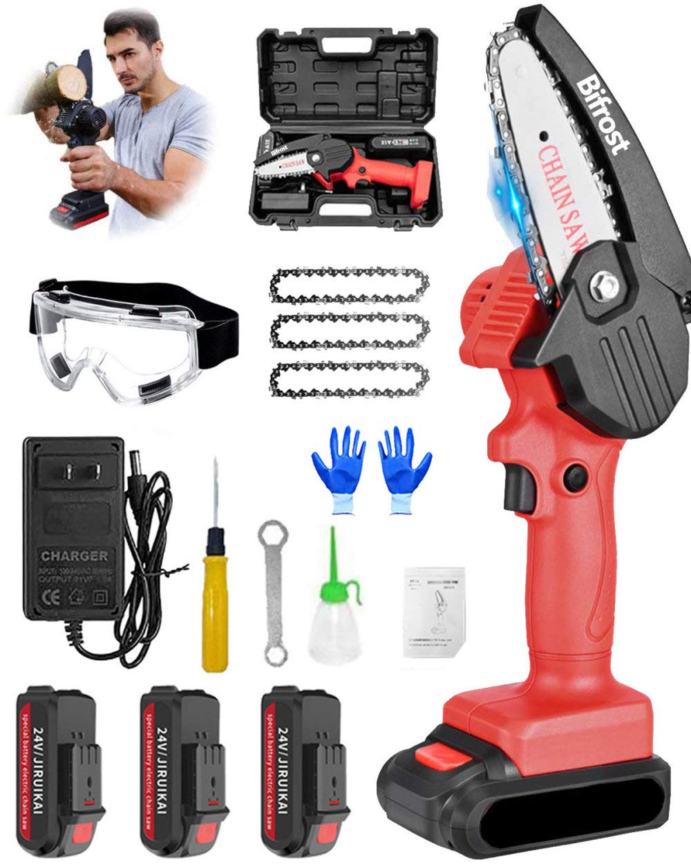 4-Inch Mini Chainsaw Cordless Electric - Lightweight 0.7kg Handheld Chainsaw with Anti-Splash Board & 3 Chains - Perfect for Tree Branch Cutting, Wood Pruning, and Yard Maintenance (Red) - Ideal for Home Gardeners, DIY Woodworking, and Outdoor Landscaping Projects