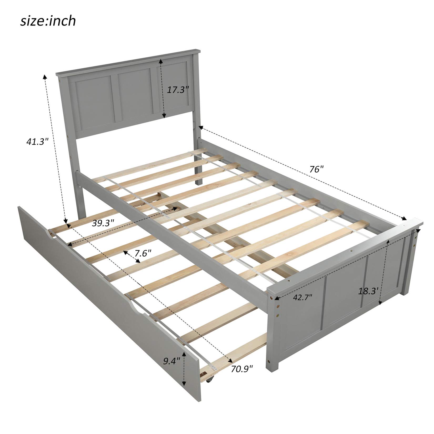 Twin Platform Bed Frame with Trundle - Solid Wood Bed with Headboard, No Box Spring Required, Easy Assembly, Gray - Perfect for Guest Rooms, Kids Rooms & Small Spaces