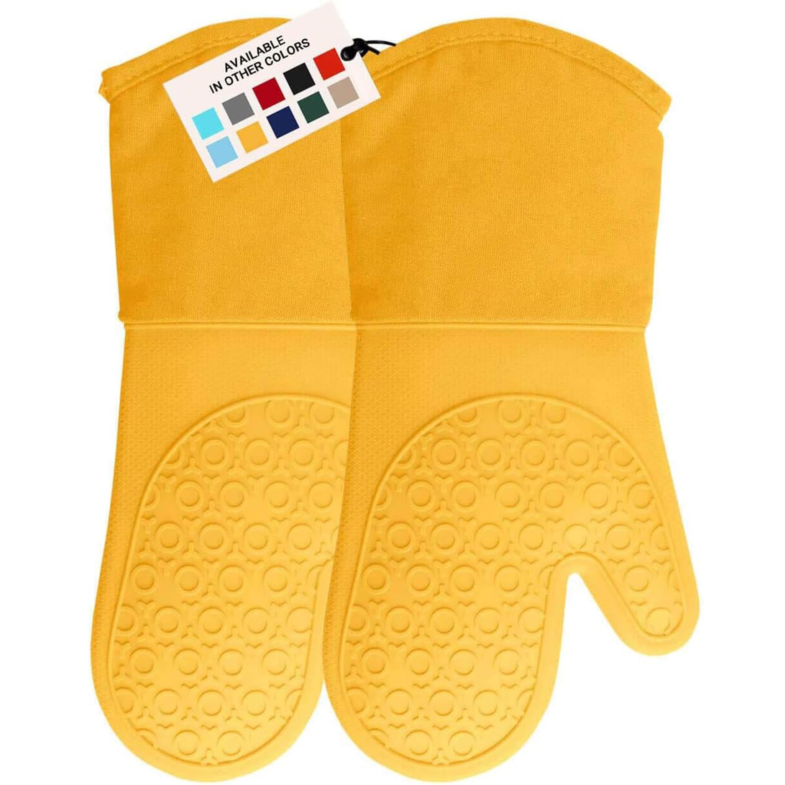 BPA-Free Soft Silicone Oven Mitts - Heat Resistant Kitchen Gloves with Thick Cotton Liner, Non-Slip Pot Holders for Baking, Grilling & Cooking - Yellow 13.7