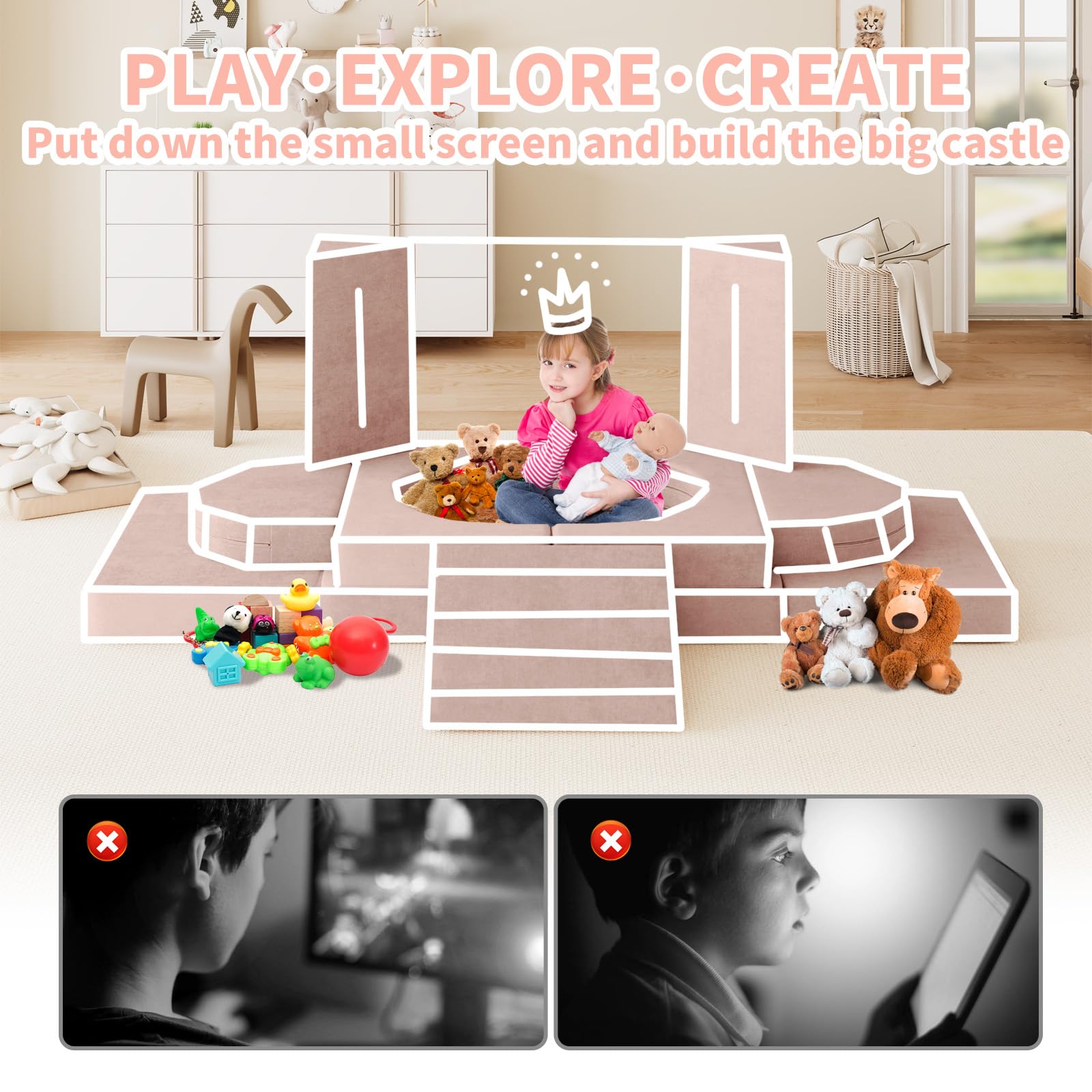 10PCS Modular Kids Play Couch with Climbing Slope - 10-in-1 Convertible Toddler Sofa for Play, Creativity & Nap Time - Soft Indoor Children's Furniture for Boys & Girls (Pink) - Perfect for Playrooms, Bedrooms & Daycare Centers