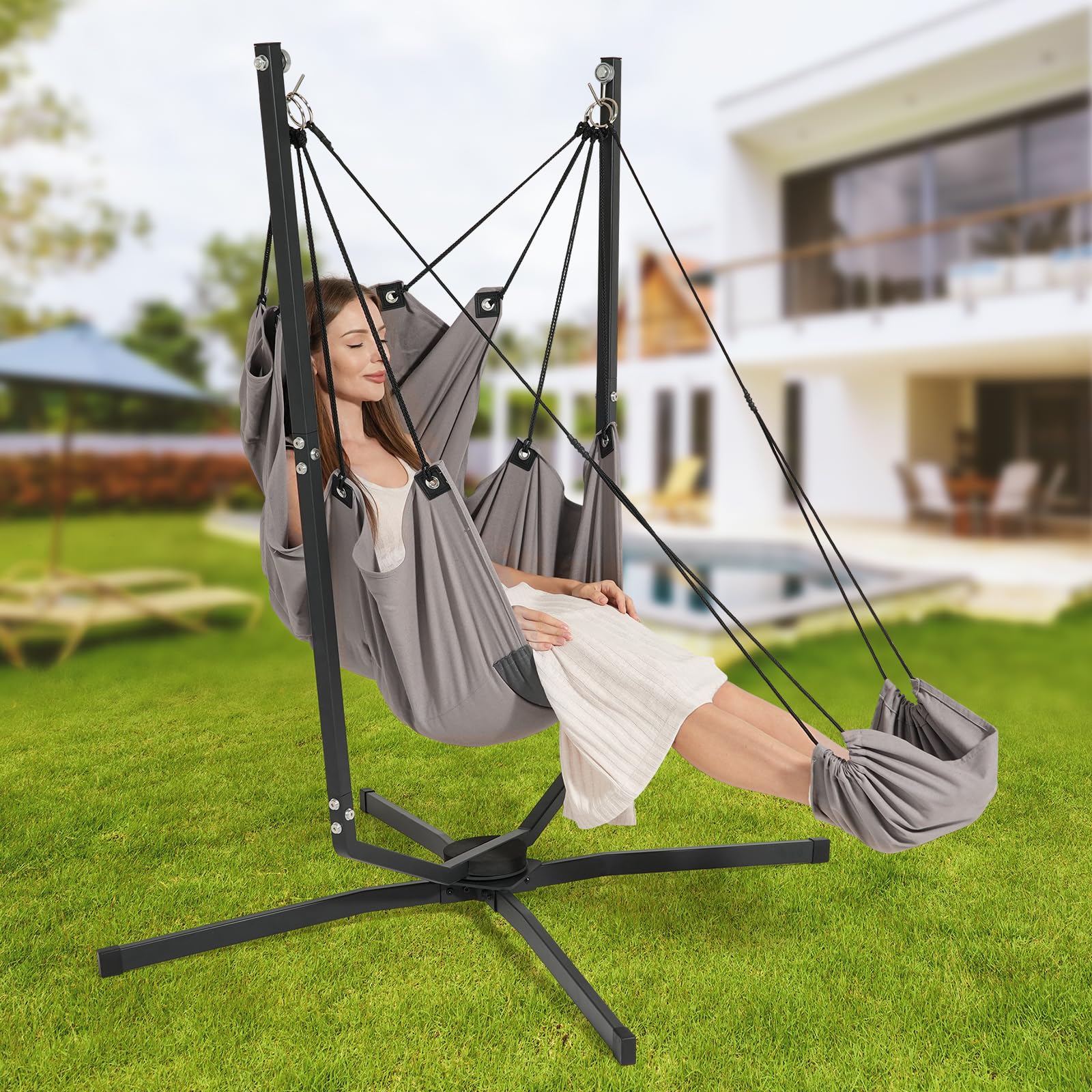 360° Swivel Hammock Swing Chair with Stand - Heavy Duty 400 lbs Capacity Hanging Chair with Cushions for Indoor & Outdoor Use - Perfect for Bedroom, Patio, Garden, Balcony Relaxation & Reading Nook