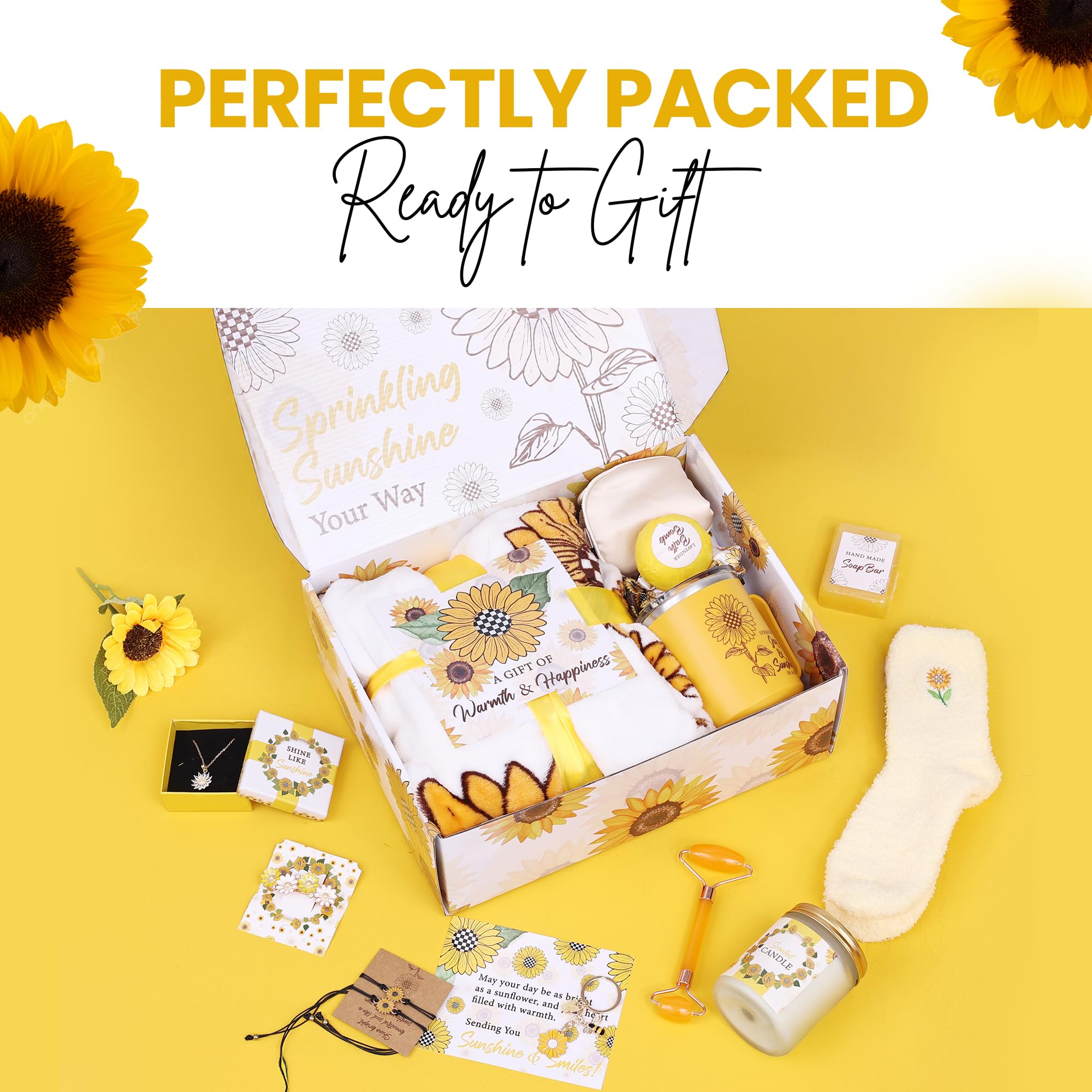 18Pcs Sunflower Gift Set for Women - Unique Birthday Gifts Basket for Best Friend, Sister & Loved Ones - Sunshine Care Package with Get Well Soon & Thinking of You Notes - Perfect for Housewarming, Friendship Day & Cheer Up Gifts