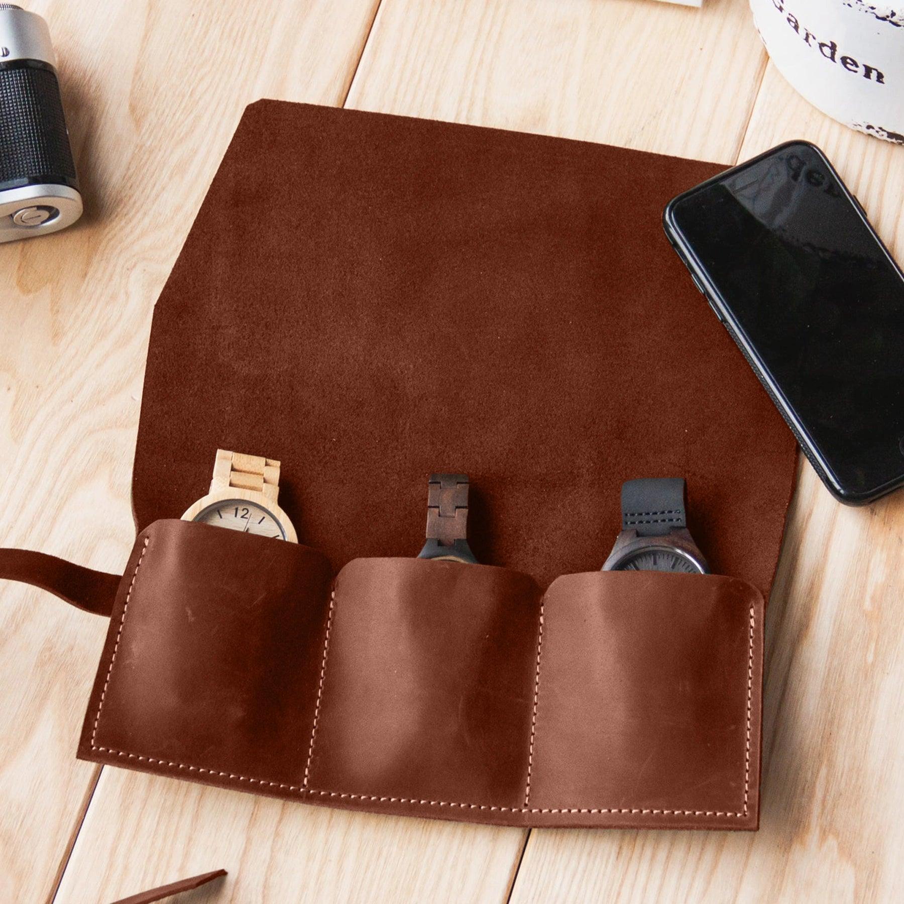 Luxury Leather Watch Roll Case - 3 Watch Storage Organizer for Travel & Display | Perfect for Men's Watches, Watch Collectors & Gifts