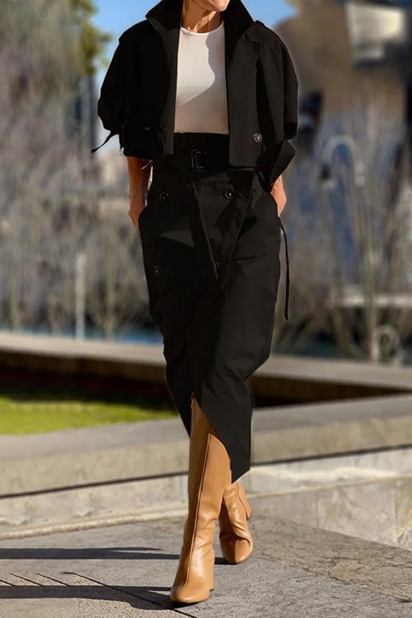 Elegant Work Style Lapel Long Sleeve Blazer & Button Belt Pocketed Slit Midi Skirt Set - Professional Office Outfit for Women | Business Casual Attire for Work, Meetings & Formal Events