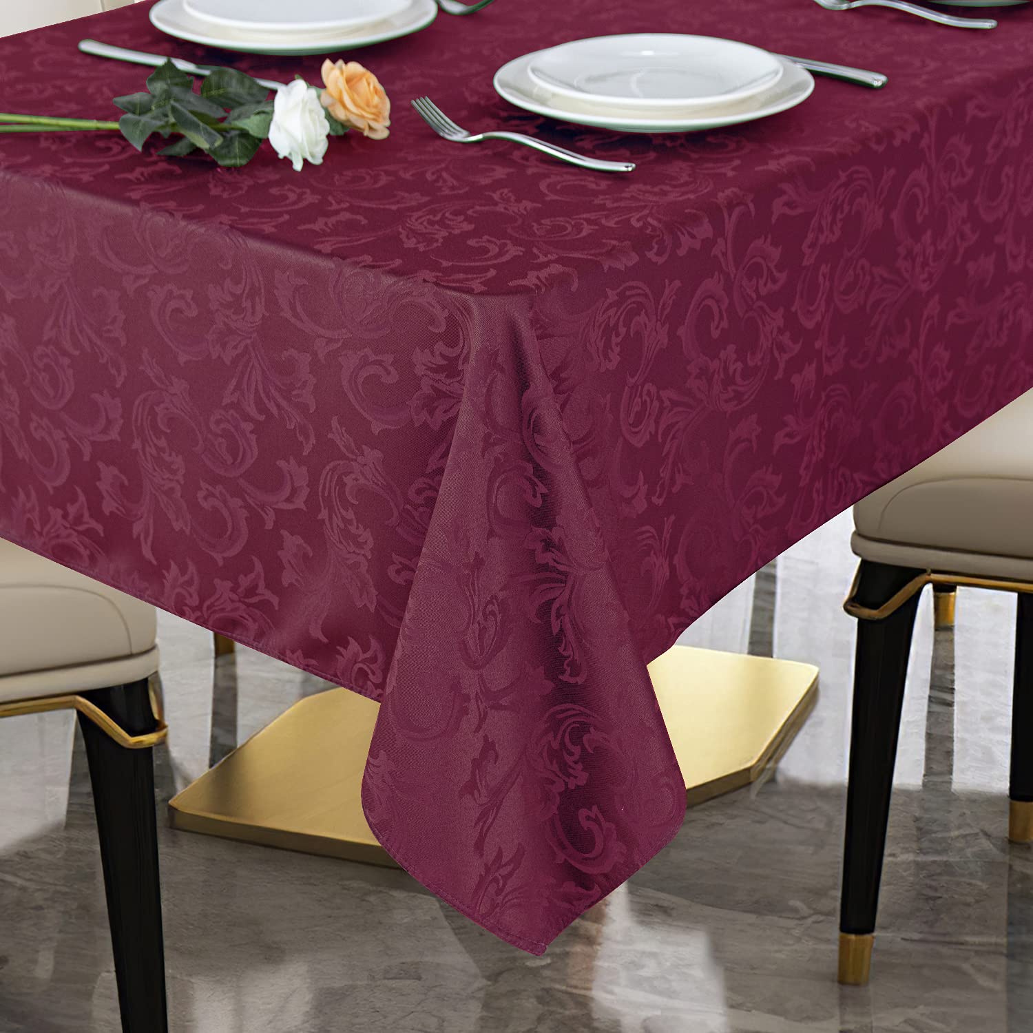 Premium 210GSM Solid Flower Jacquard Tablecloth - Heavy Duty Waterproof Wrinkle-Free Microfiber Fabric for Dining, Parties & Events (Burgundy, 60x60 Inch Square) - Perfect for Weddings, Restaurants, Picnics & Home Decor
