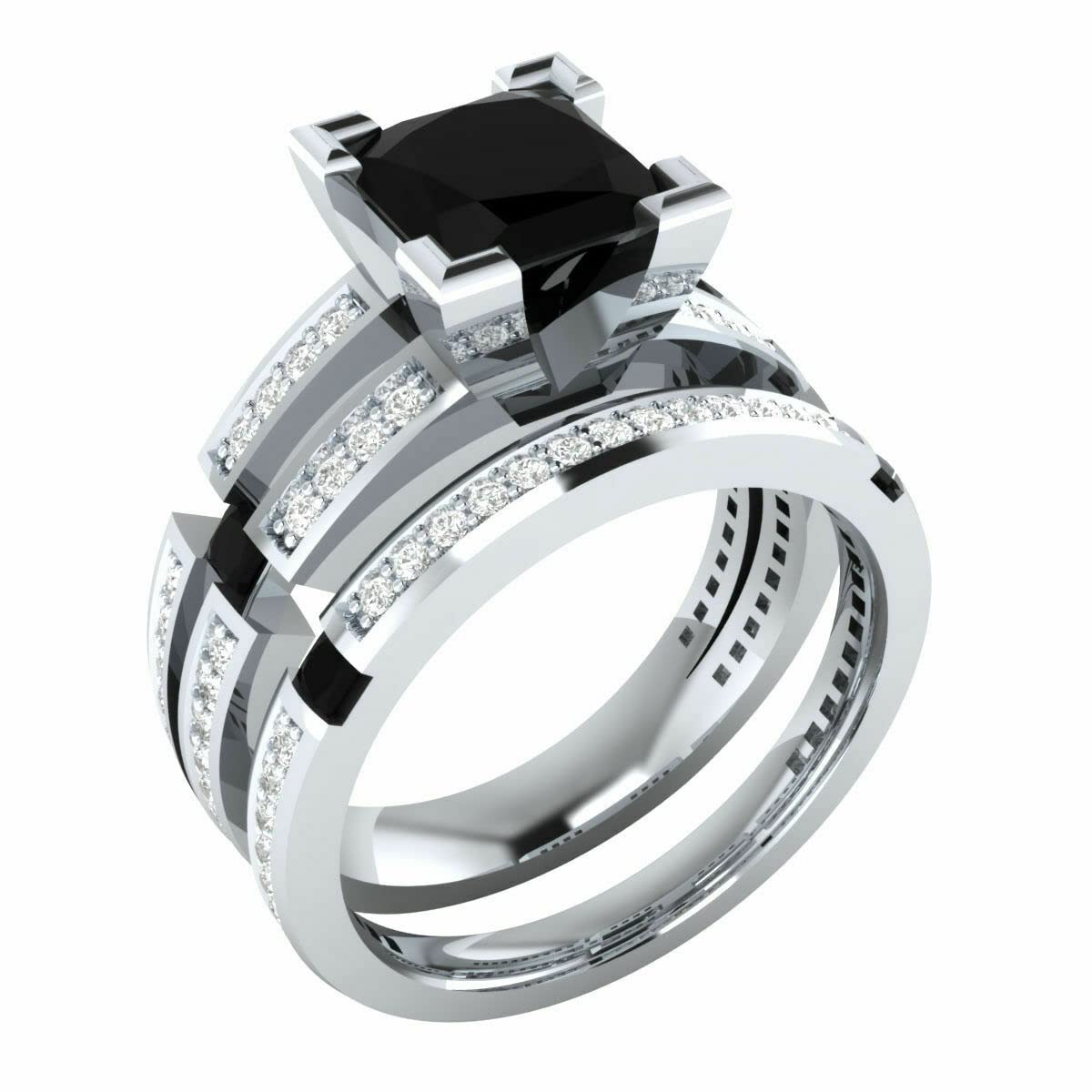 Reyansh Princess & Round Cut Black Diamond 925 Sterling Silver 14K White Gold Overlay Engagement Ring Set for Women - Perfect for Bridal, Wedding, Anniversary & Proposal Gifts