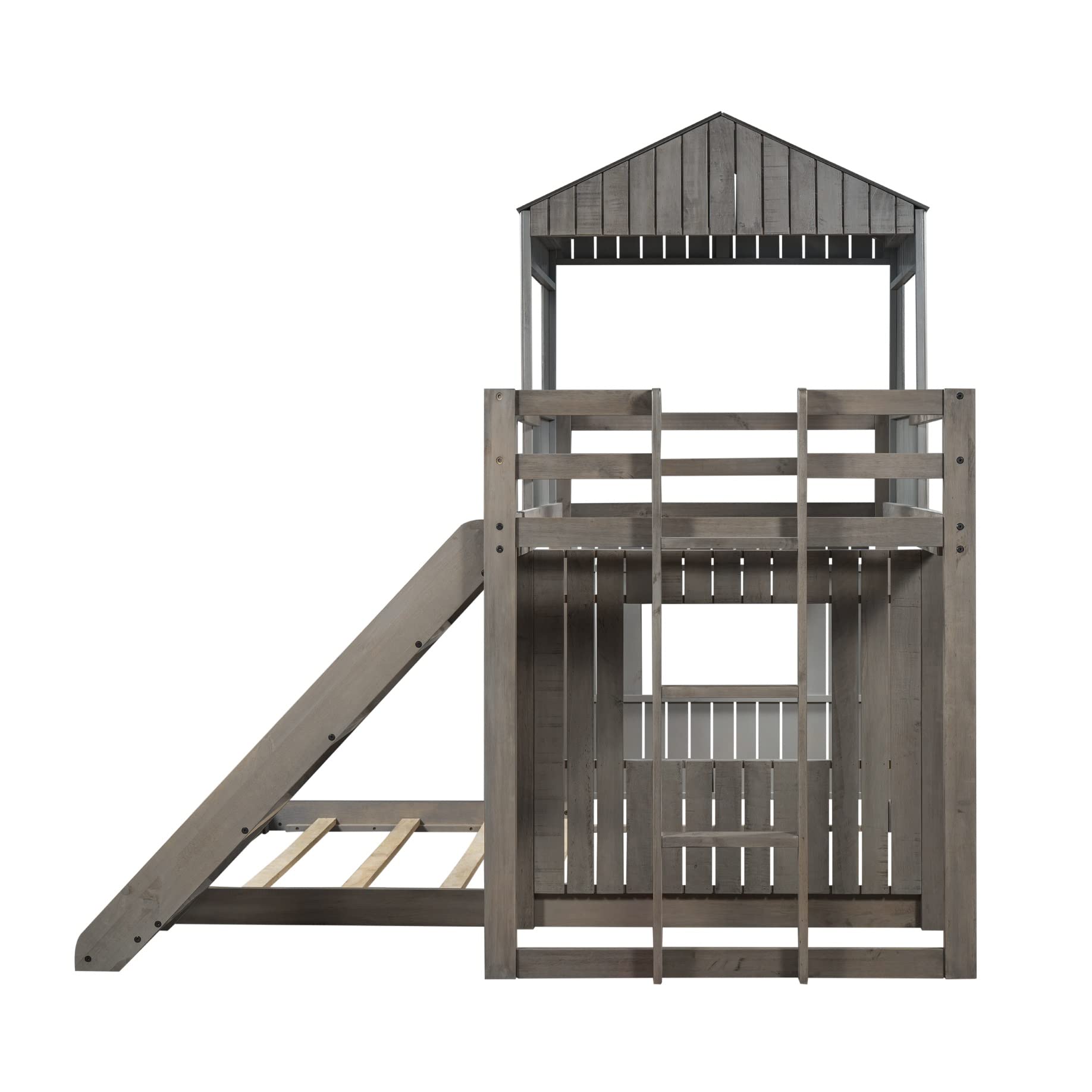 Twin Over Full Bunk Bed with Slide - House Shaped Kids Bunk Bed Frame with Safety Guardrails & Ladder - Antique Gray - Perfect for Teens, Boys & Girls Bedrooms, Dorms or Vacation Homes
