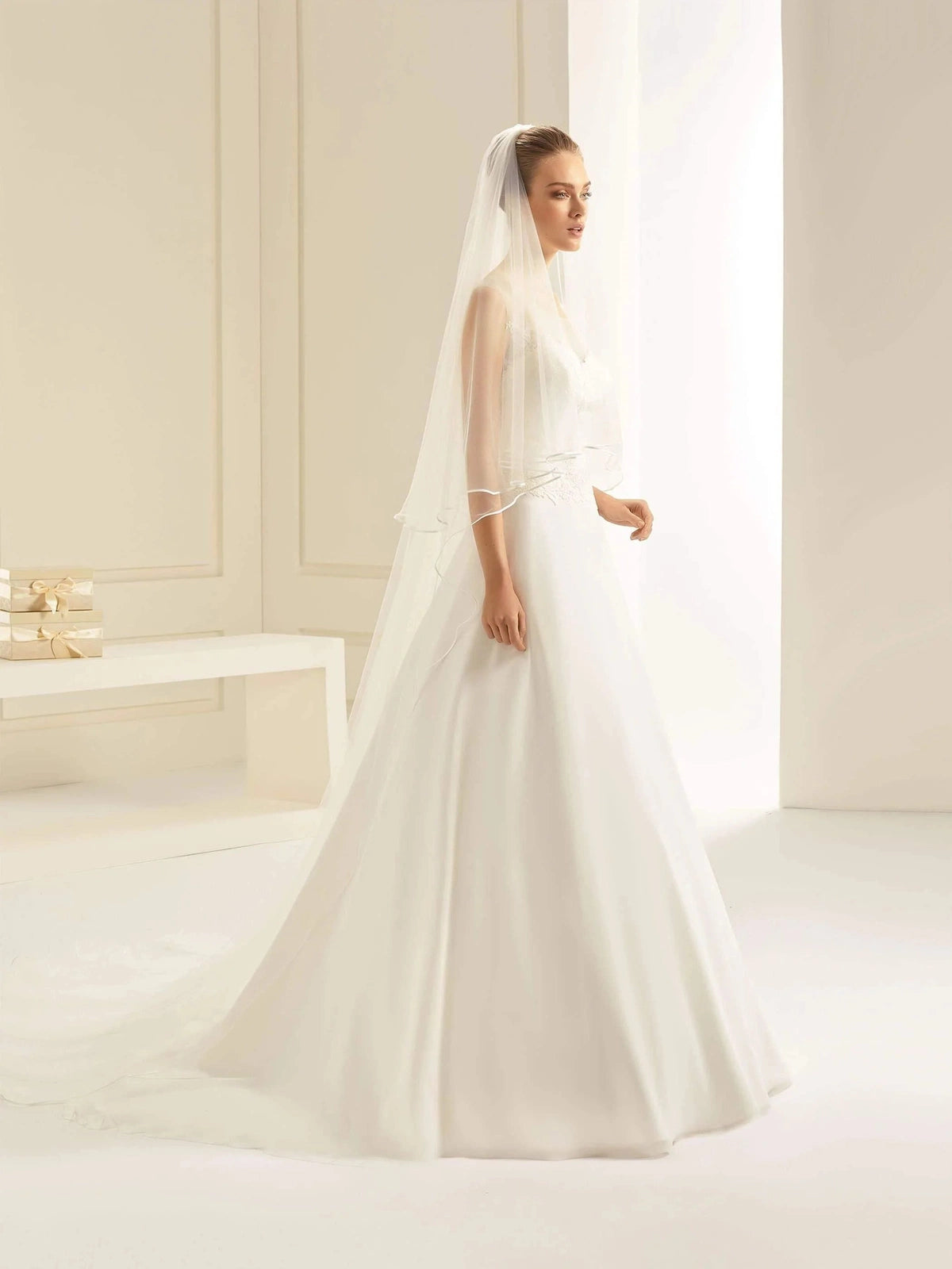 Bianco Evento Cathedral Length Two-Tier Wedding Veil with Satin Edge - Soft Ivory Tulle Bridal Accessory (S241) | Perfect for Traditional Church Weddings & Romantic Photoshoots