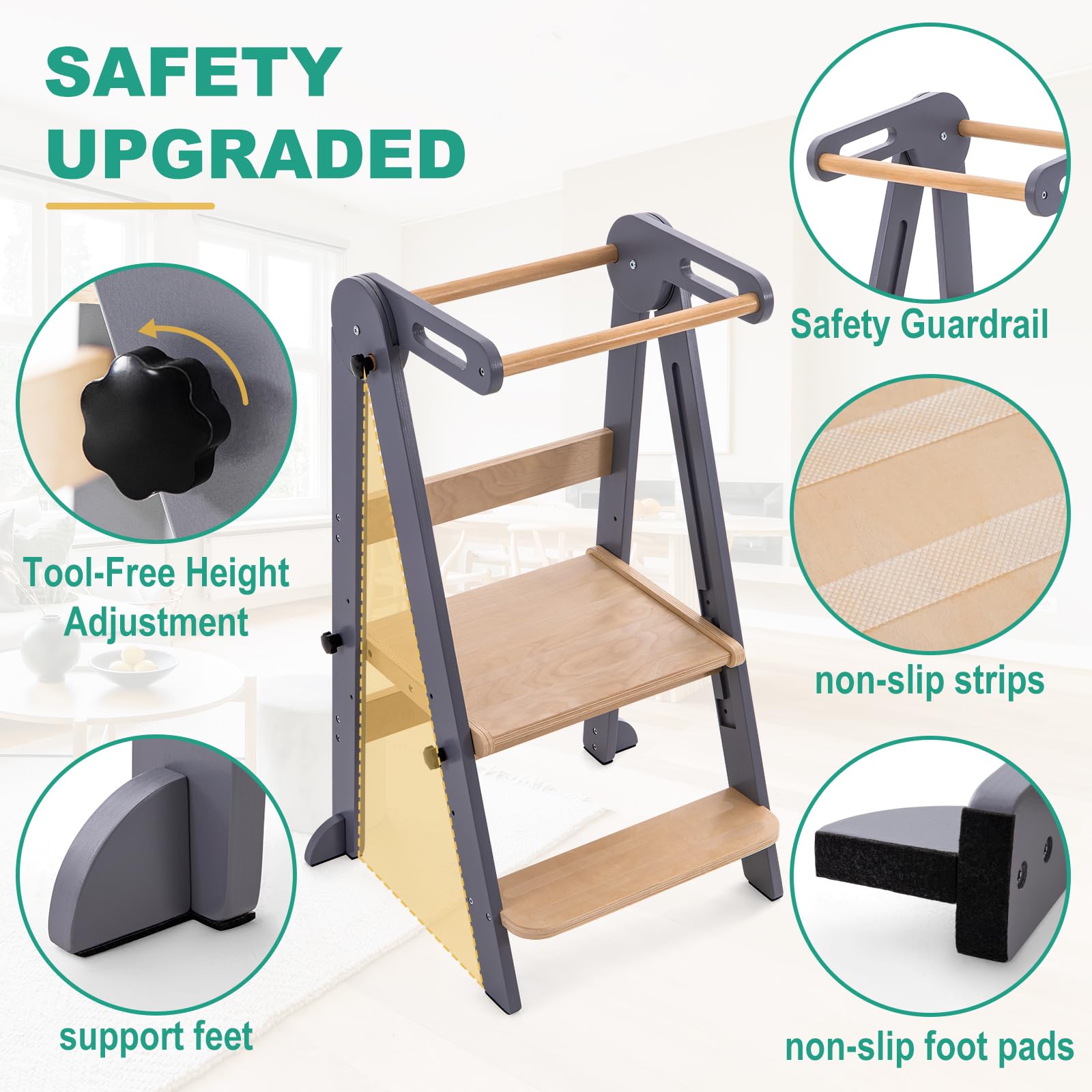 Foldable Toddler Tower - Adjustable Kitchen Step Stool for Kids 1.5-6 Years | 3 Height Settings with Non-Slip Safety Strips | Montessori Learning Tower for Cooking, Baking & Washing Hands at Sink (Gray) - Perfect for Kitchen Counter Access & Independent Play