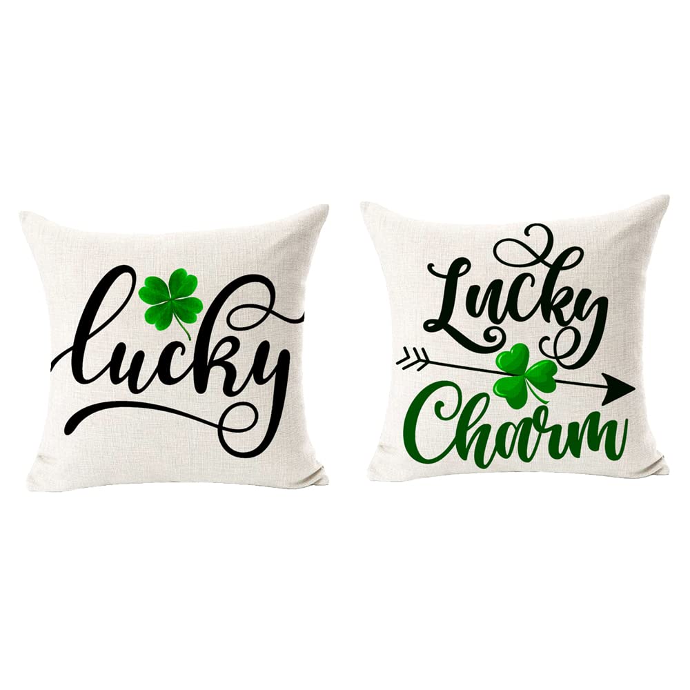 Bnitoam Set of 2 St. Patrick's Day Decorative Pillow Covers - 18x18 Inch Lucky Clover Green Buffalo Plaid Cotton Linen Cushion Cases for Sofa, Bed, Couch - Perfect Gift for Birthday, Home Decor, Irish Theme Party