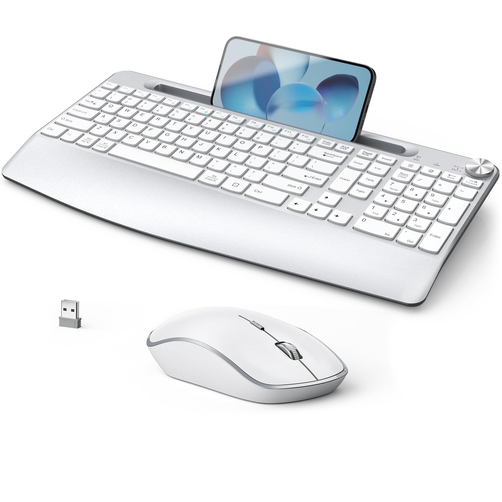 Ergonomic Wireless Keyboard and Mouse Combo with Phone Holder & Wrist Rest - Full Size Quiet Keyboard for Mac, PC, Laptop - Volume Control & Silver Design - Perfect for Office, Home & Gaming Use