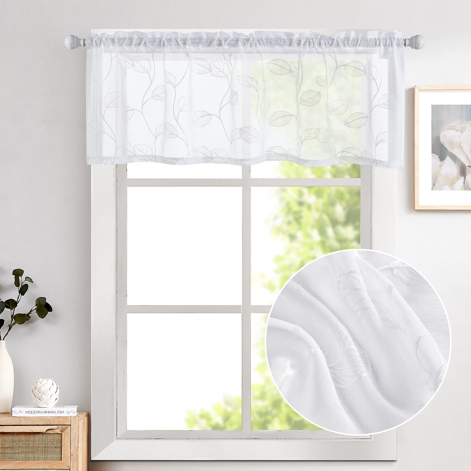 White Sheer Leaf Embroidered Voile Kitchen Valance - Farmhouse Style Semi-Sheer Window Curtain with 18 Inch Rod Pocket, 1 Panel - Perfect for Kitchen, Living Room & Bathroom Decor