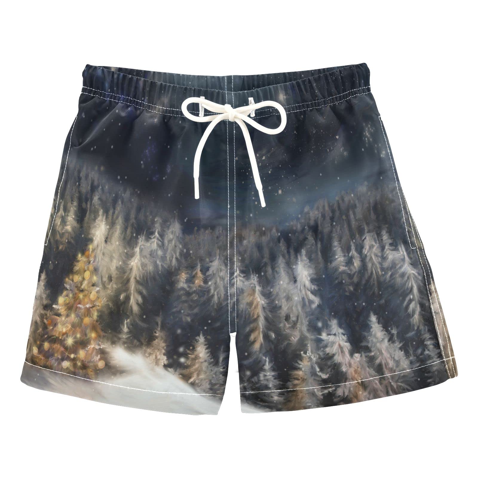 AMICHIC Boys Christmas Landscape Swim Trunks - Quick Dry Swim Shorts with Mesh Lining & Adjustable Waist for Beach, Pool, and Summer Water Activities